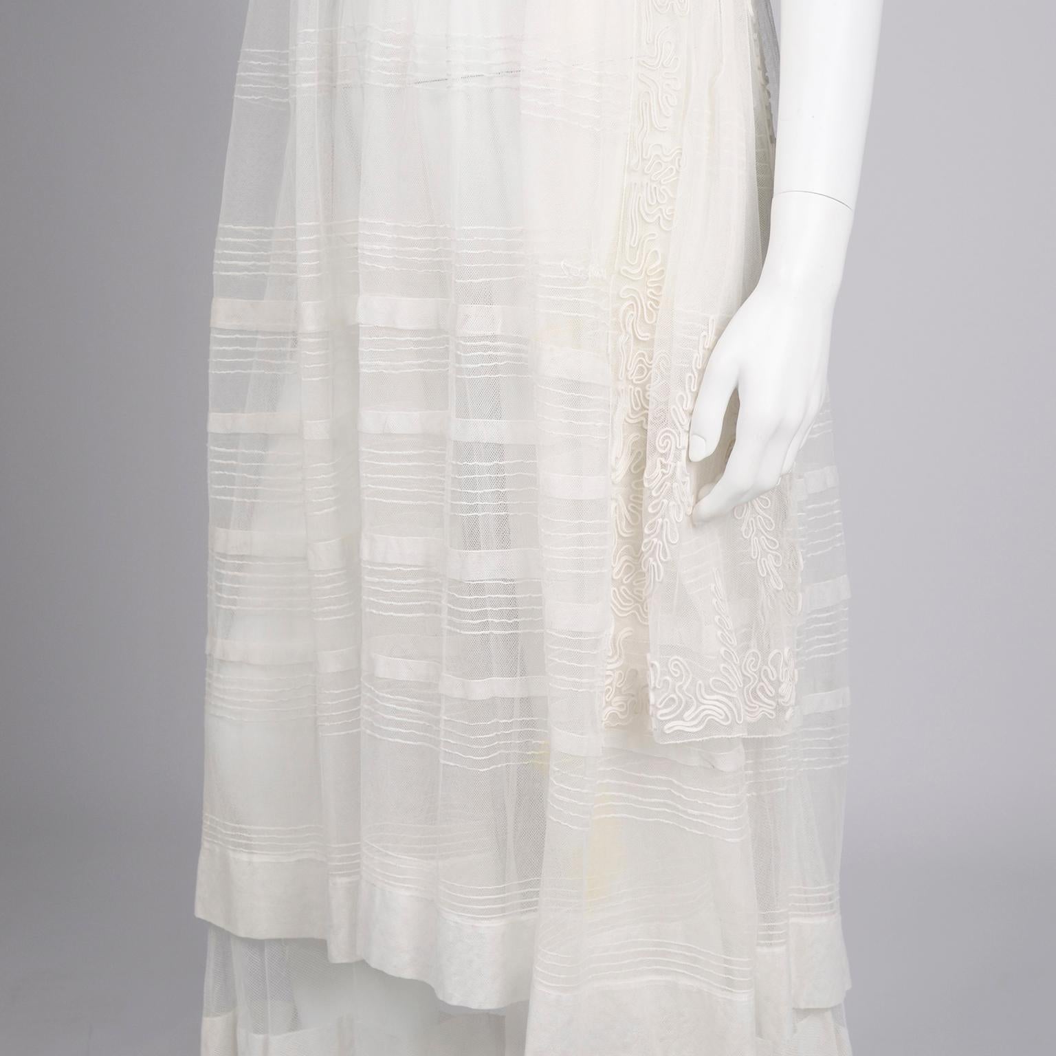 Antique Edwardian 1910s Vintage Ivory Net Tulle Dress W Soutache Embroidery Trim For Sale 5