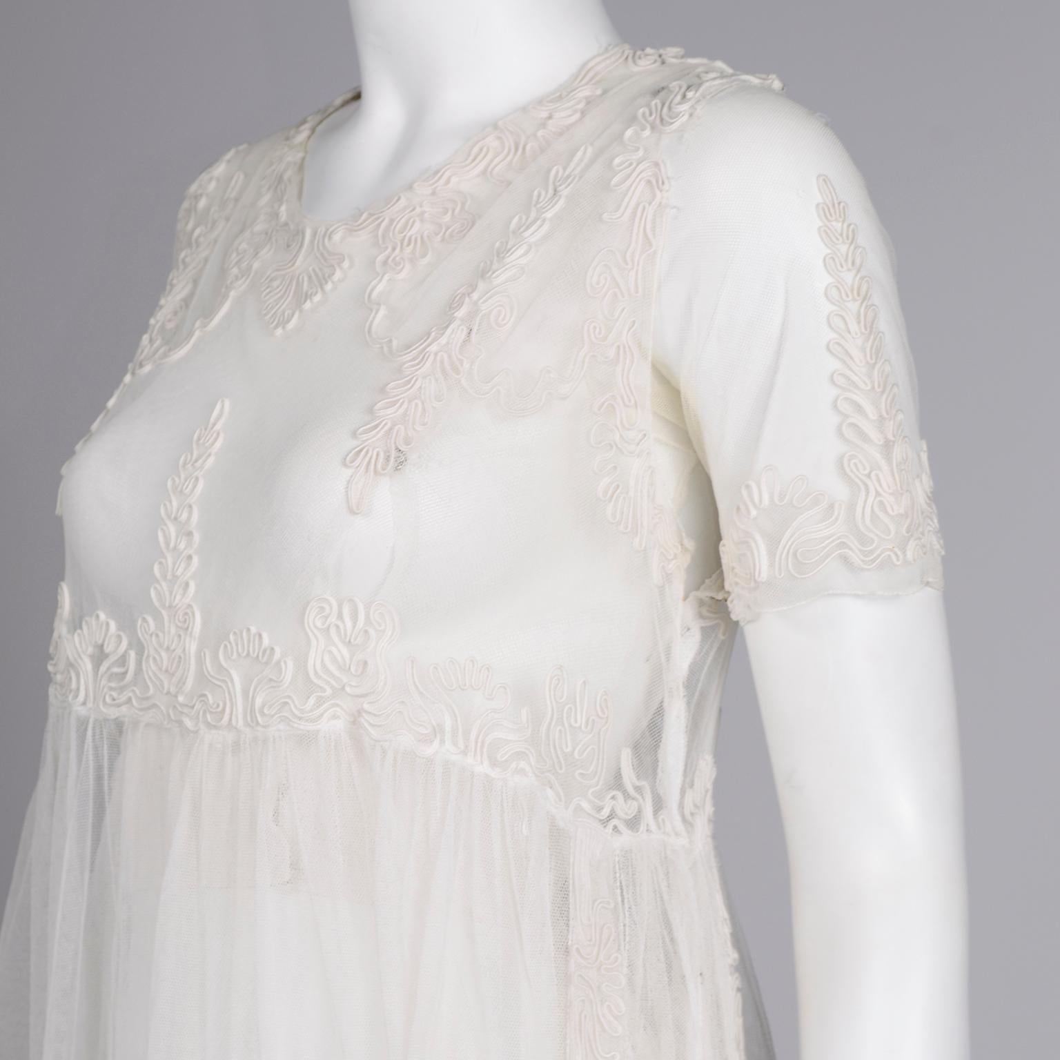 Antique Edwardian 1910s Vintage Ivory Net Tulle Dress W Soutache Embroidery Trim For Sale 6
