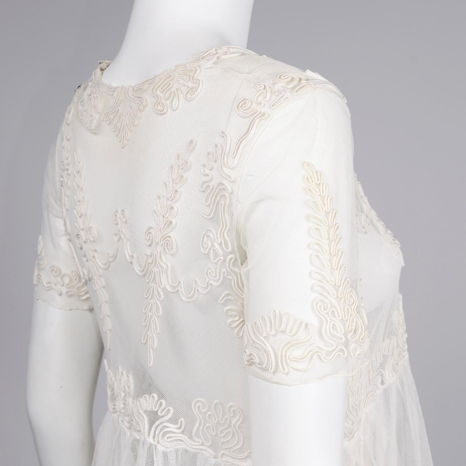 Antique Edwardian 1910s Vintage Ivory Net Tulle Dress W Soutache Embroidery Trim For Sale 7