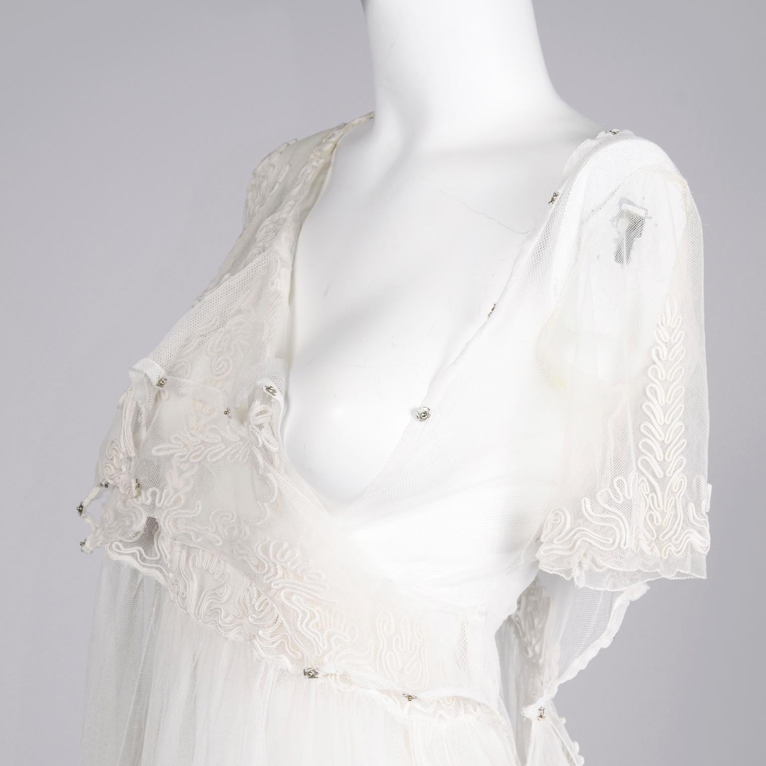Antique Edwardian 1910s Vintage Ivory Net Tulle Dress W Soutache Embroidery Trim For Sale 8