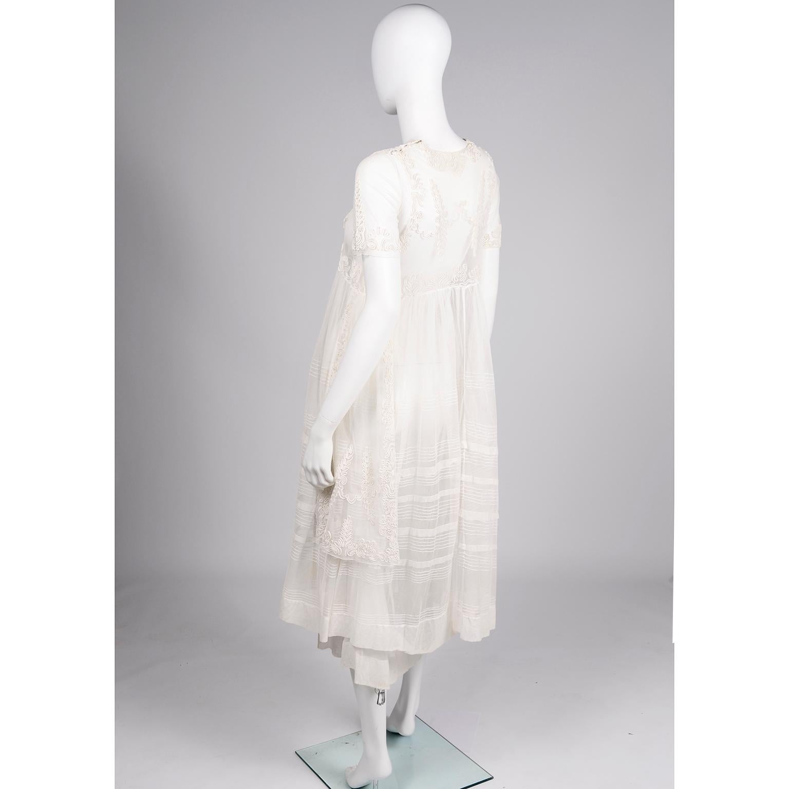 Beige Antique Edwardian 1910s Vintage Ivory Net Tulle Dress W Soutache Embroidery Trim For Sale