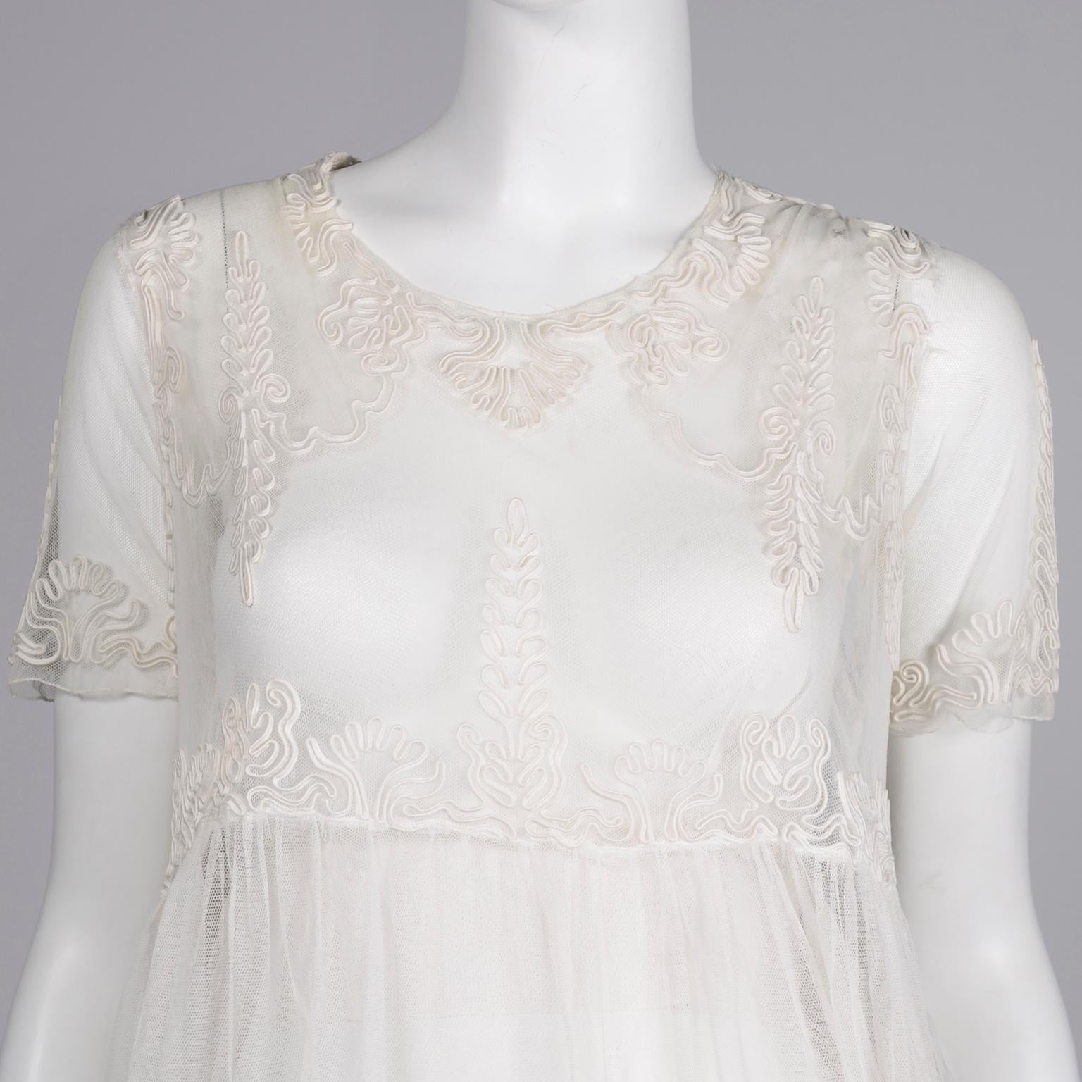 Antique Edwardian 1910s Vintage Ivory Net Tulle Dress W Soutache Embroidery Trim For Sale 1