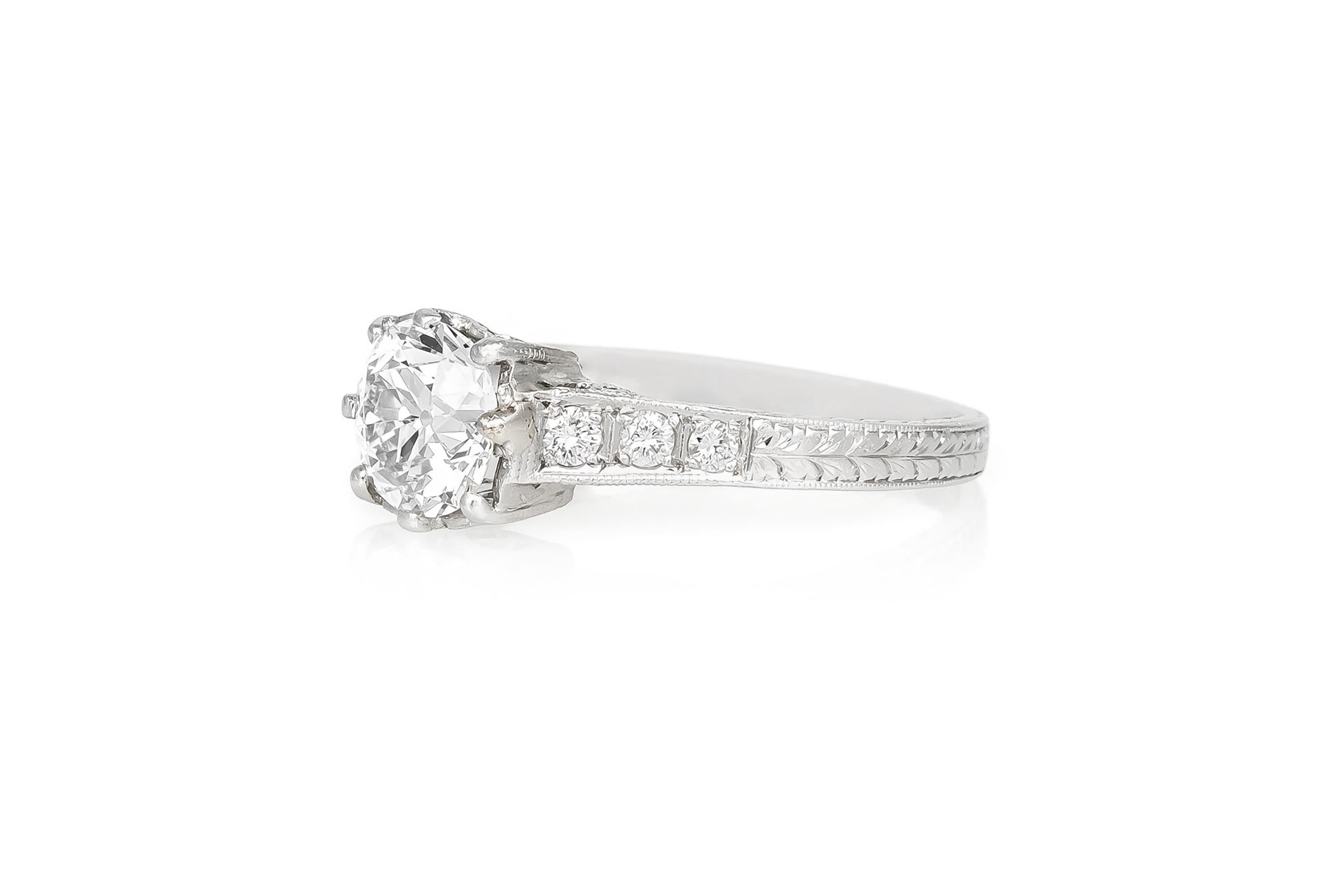Finely crafted in platinum with an Old European cut Diamond weighing approximately 1.15 carat, K color, SI clarity.
The ring features accenting Single cut Diamonds weighing a total of approximately 0.20 carat.
Circa 1915
Size 7, resizable