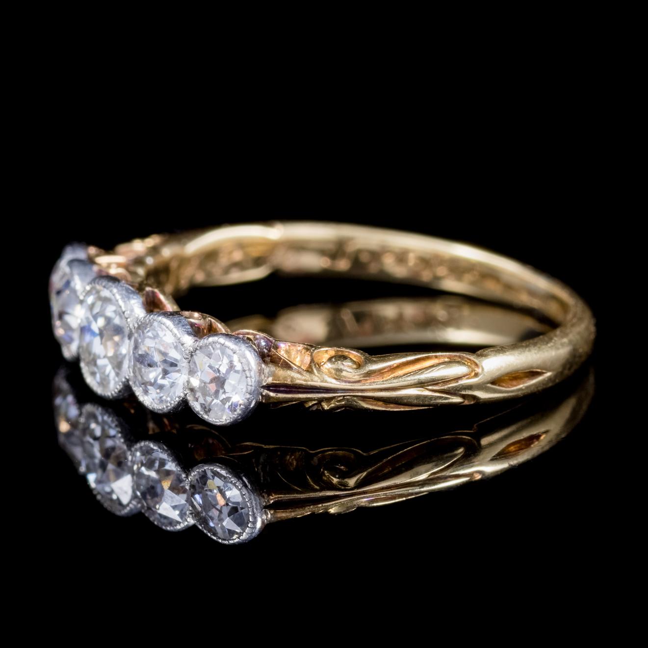 This stunning antique Edwardian ring is adorned with five beautiful SI 1 clarity - H Colour Diamonds the largest of which is 0.40ct in the centre graduating out with approx.1ct in total. 

Diamonds sparkle continuously and beautifully captivating