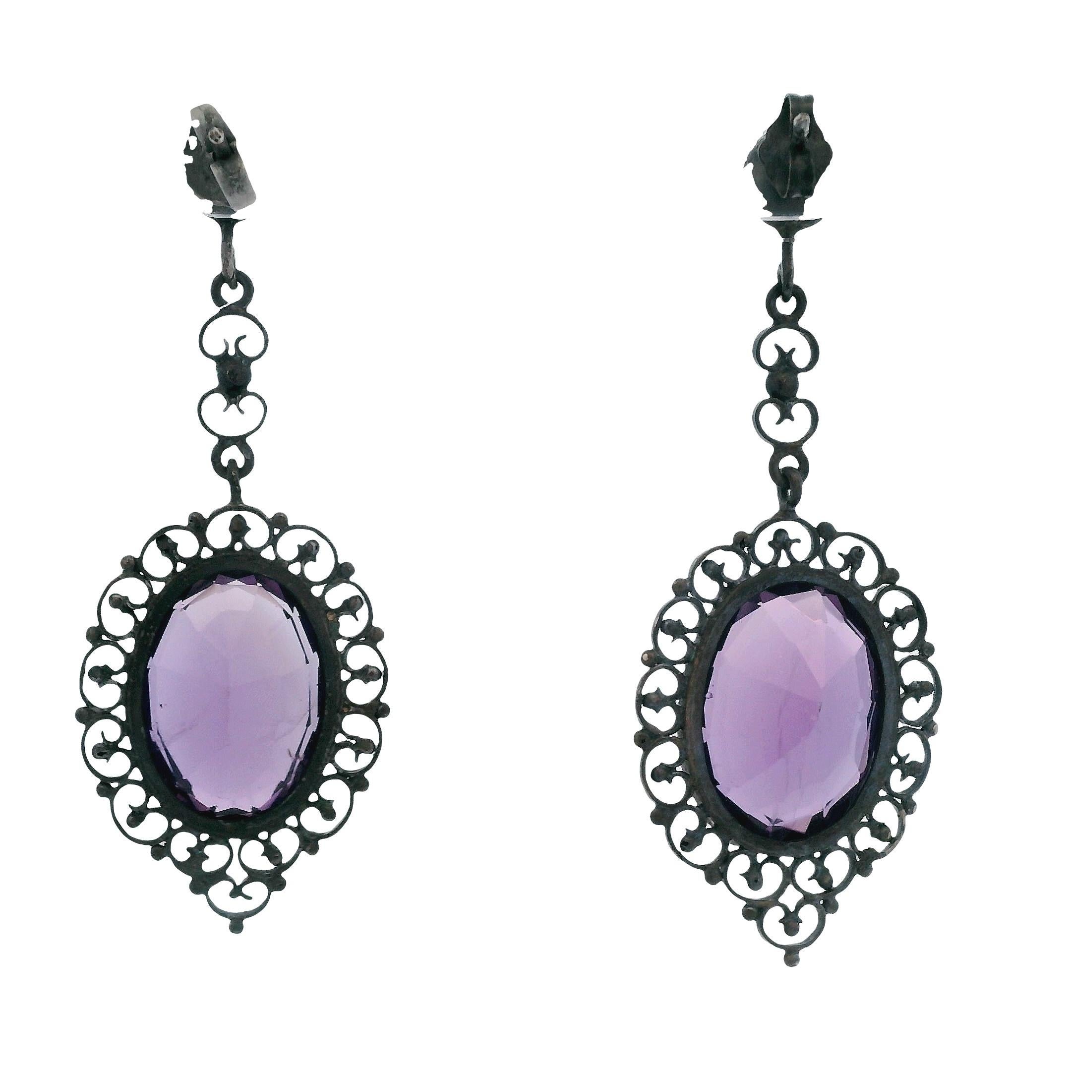 Antichi orecchini a goccia in argento sterling e ametista di 21,54tcw del 1915 In condizioni buone in vendita a Towson, MD