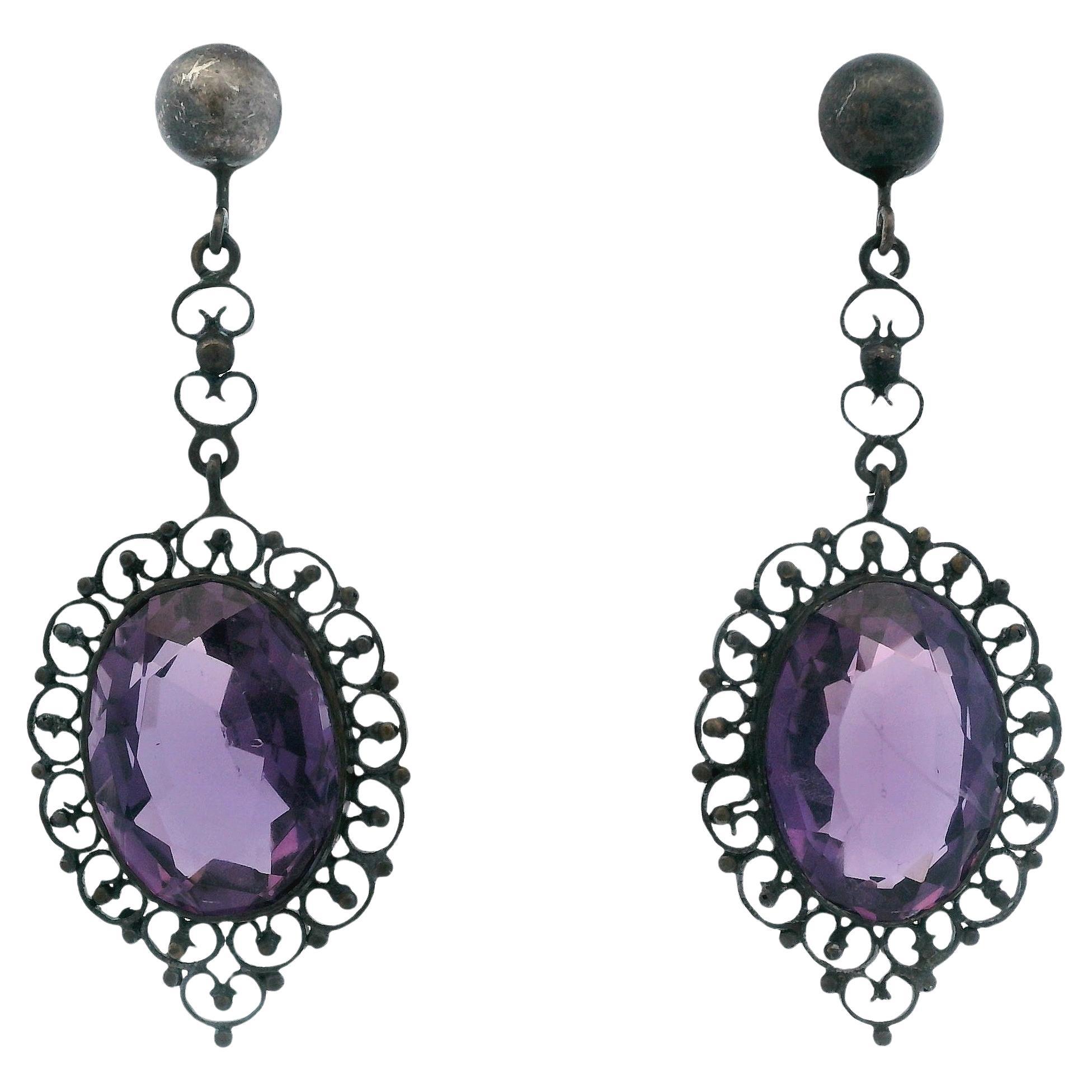 Antichi orecchini a goccia in argento sterling e ametista di 21,54tcw del 1915 in vendita