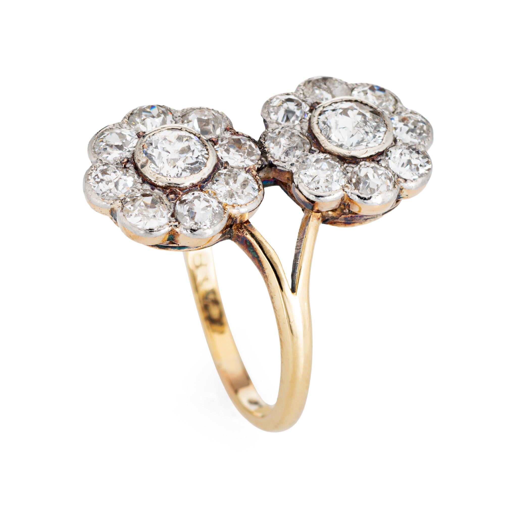 Stylish antique Edwardian diamond double cluster ring (circa 1900s to 1910s) crafted in 14 karat yellow gold and 900 platinum. 

Two center set old mine cut diamonds are estimated at 0.30 carats each, surrounded with a further 16 estimated 0.10