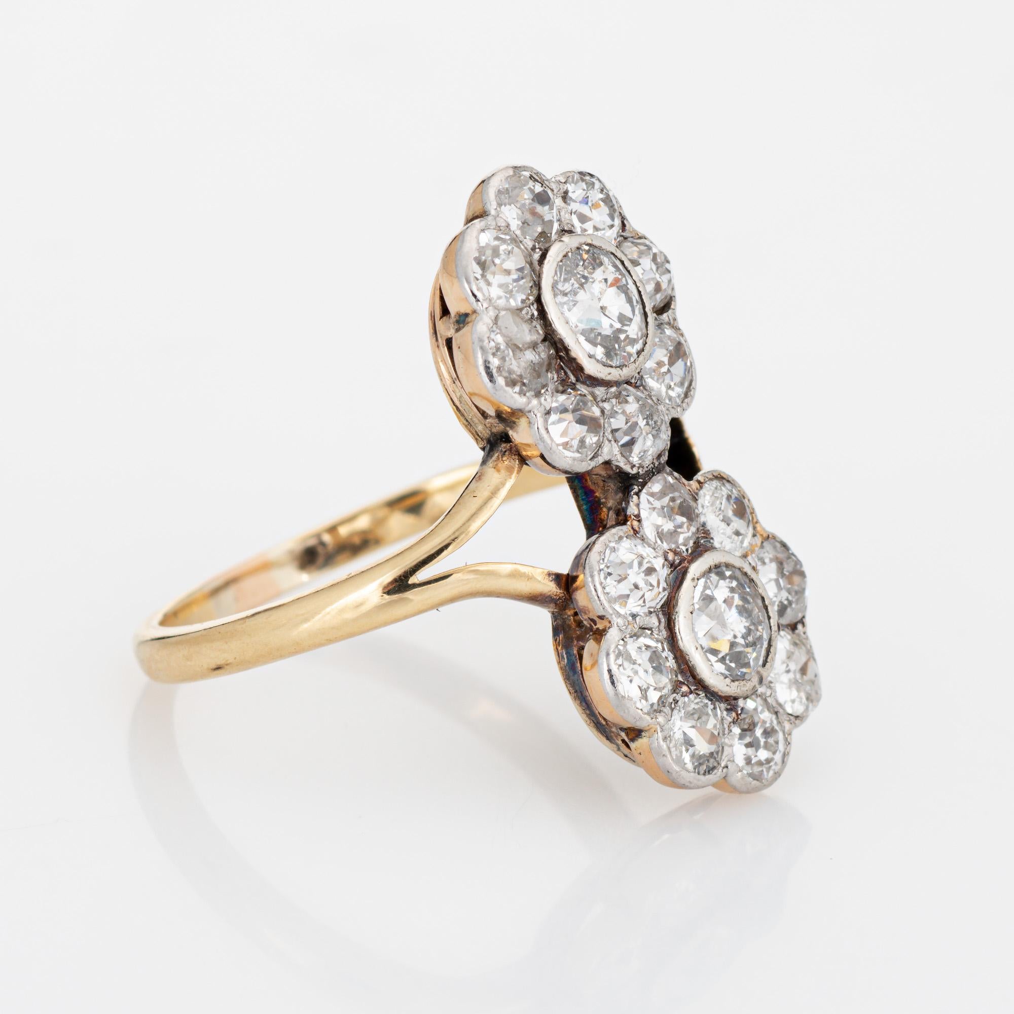 Old Mine Cut Antique Edwardian 2.20ct Diamond Ring Cluster Double Flower 14k Pt Engagement For Sale