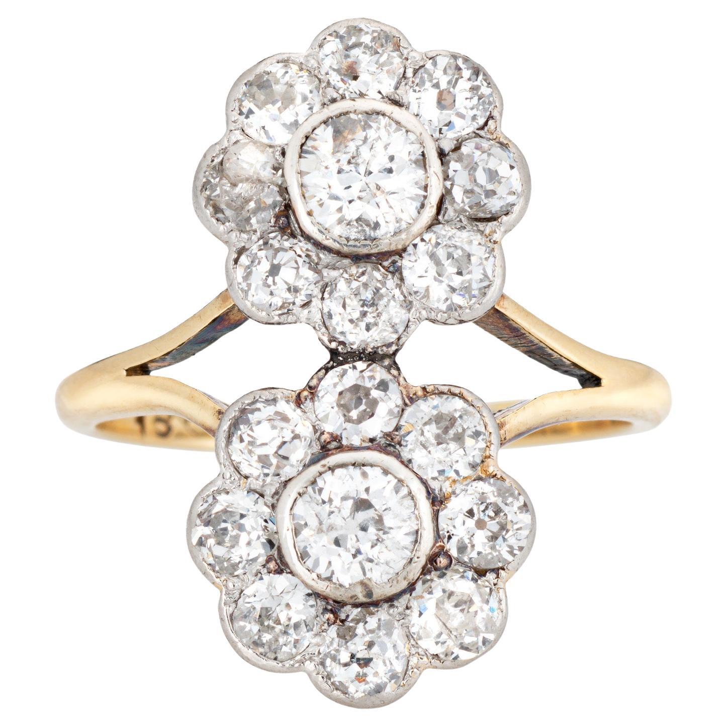 Antique Edwardian 2.20ct Diamond Ring Cluster Double Flower 14k Pt Engagement For Sale