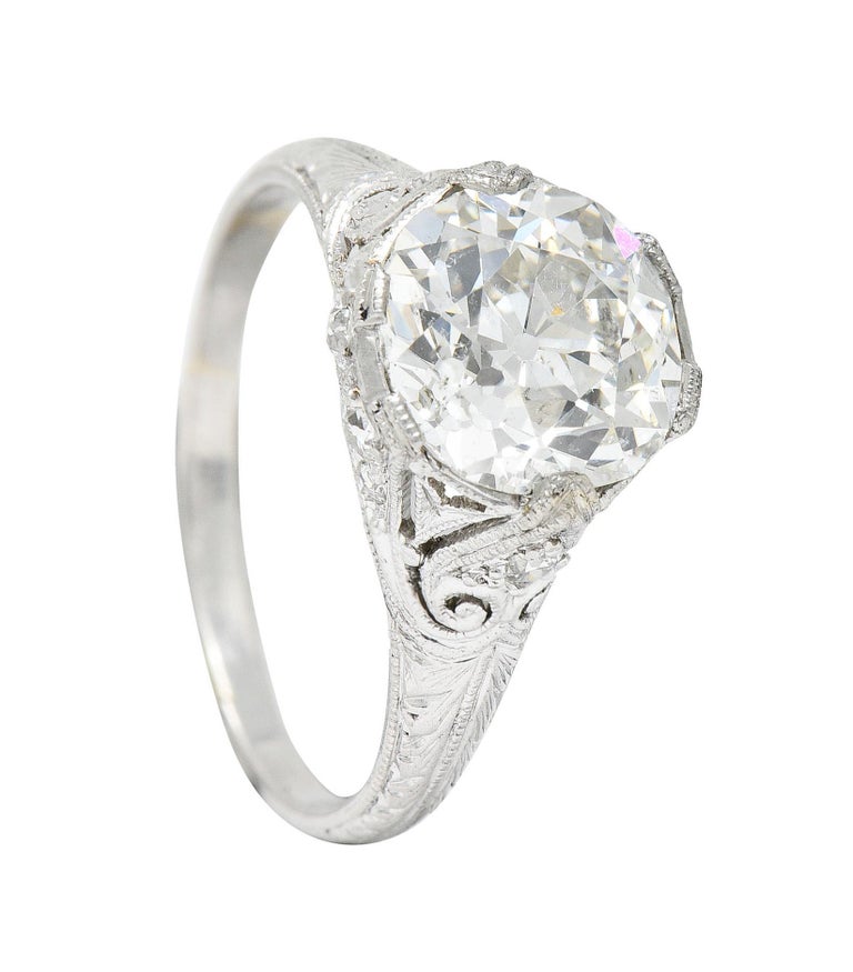 Antique Edwardian 2.25 Carats Diamond Platinum Scrolled Engagement Ring For Sale 5