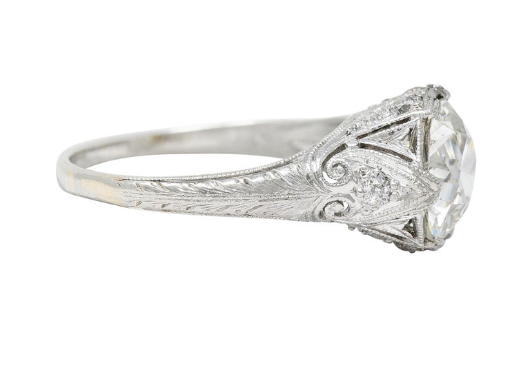 Old Mine Cut Antique Edwardian 2.25 Carats Diamond Platinum Scrolled Engagement Ring For Sale