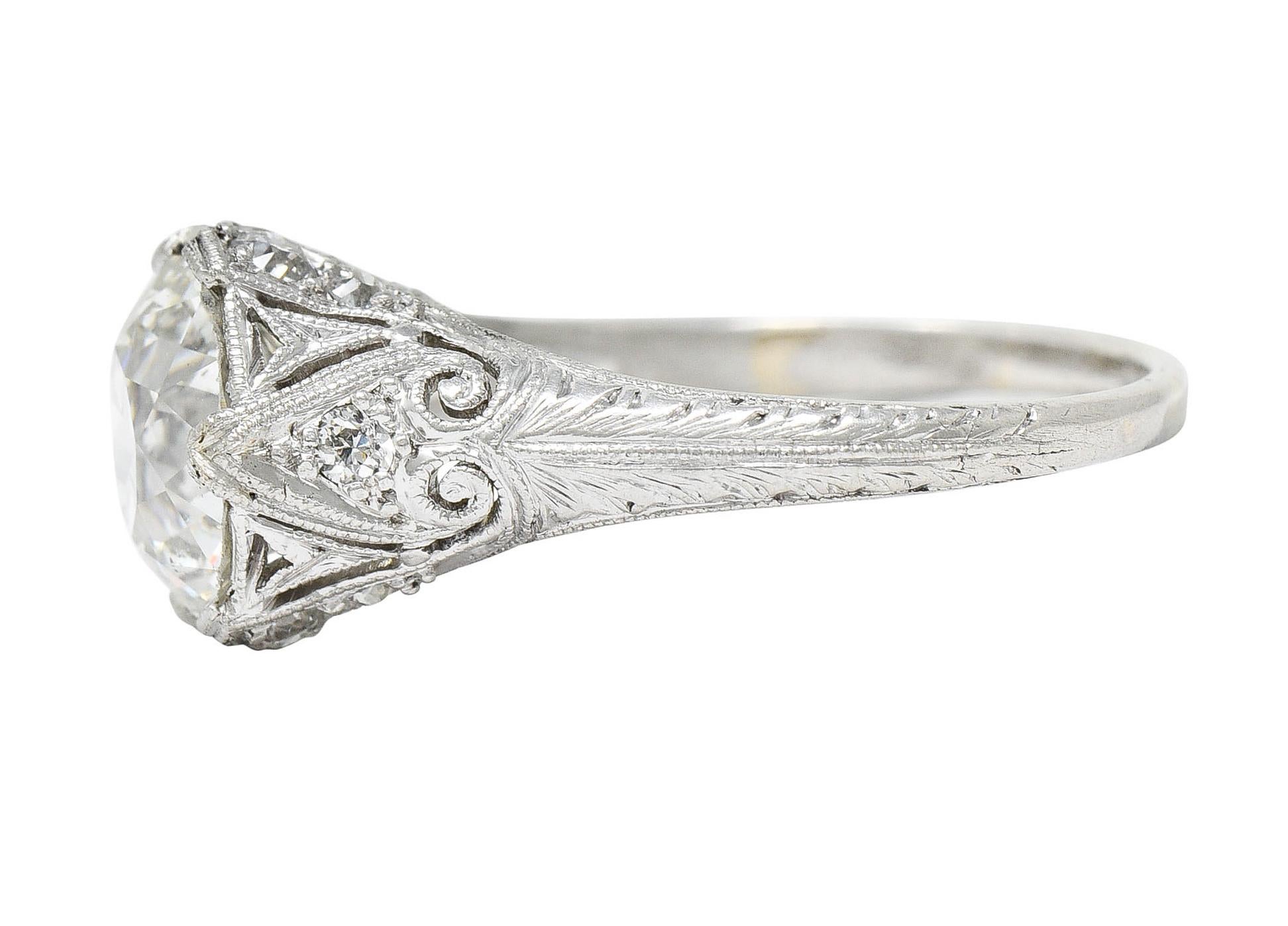 Old Mine Cut Antique Edwardian 2.25 Carats Diamond Platinum Scrolled Engagement Ring