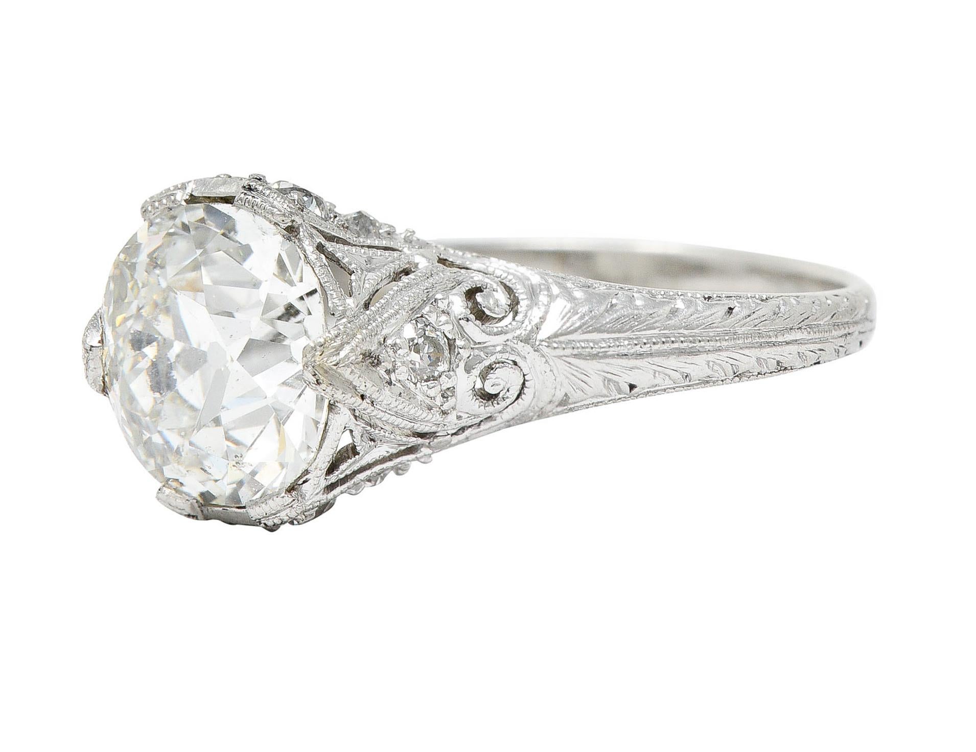 Antique Edwardian 2.25 Carats Diamond Platinum Scrolled Engagement Ring In Excellent Condition In Philadelphia, PA