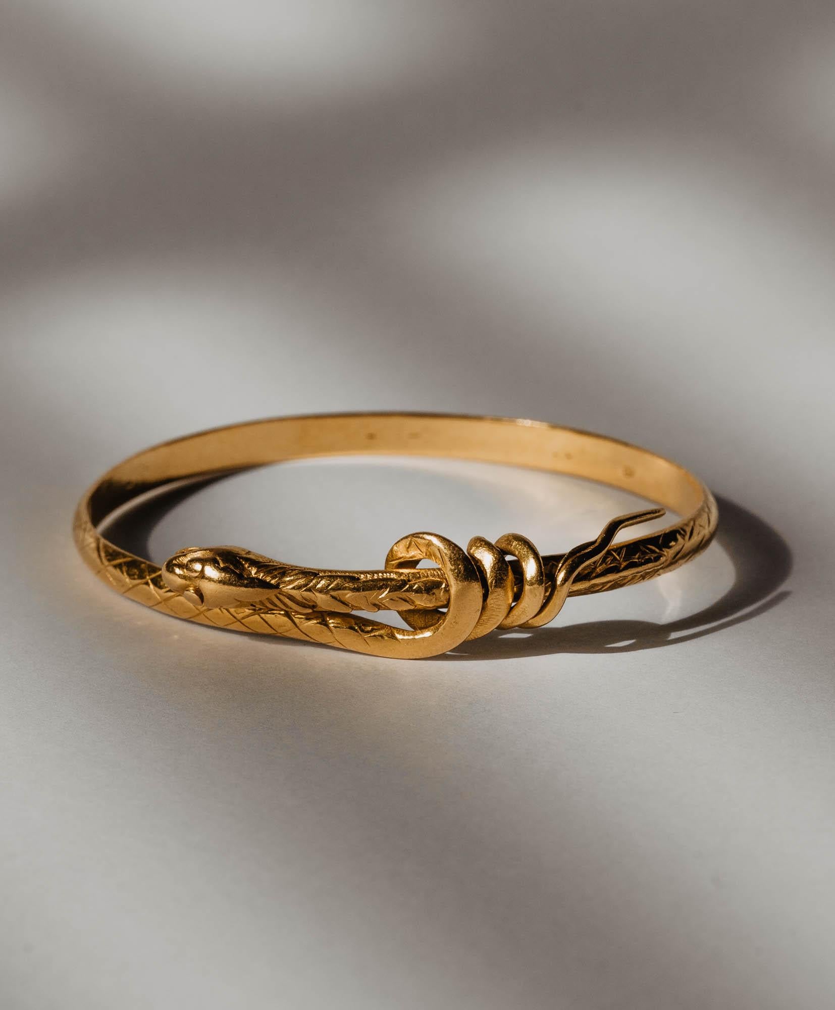 Women's or Men's Antique Edwardian 22k Yellow Gold Snake Bracelet, Stackable Gold Serpent Bangle