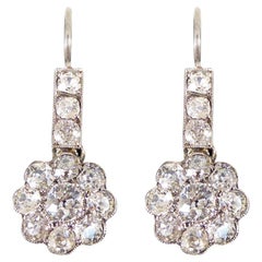 Antique Edwardian 2.62ct Diamond Daisy Cluster Drop Earrings in 18ct White Gold