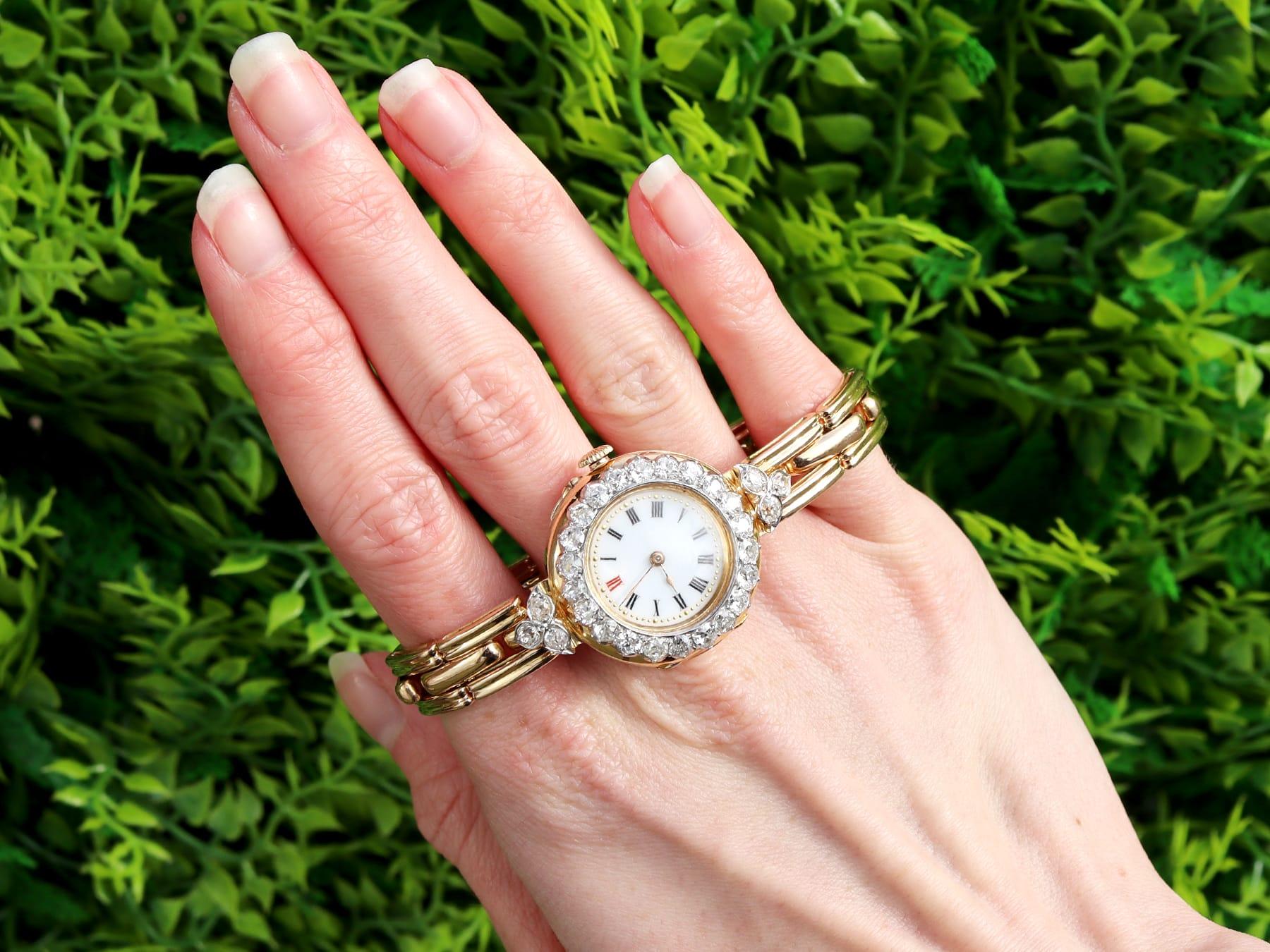 A stunning, fine and impressive antique 2.75 carat diamond and 18k yellow gold, platinum set watch; part of our diverse diamond watch collections.

This stunning antique watch has been crafted in 18k yellow gold with platinum settings.

The plain