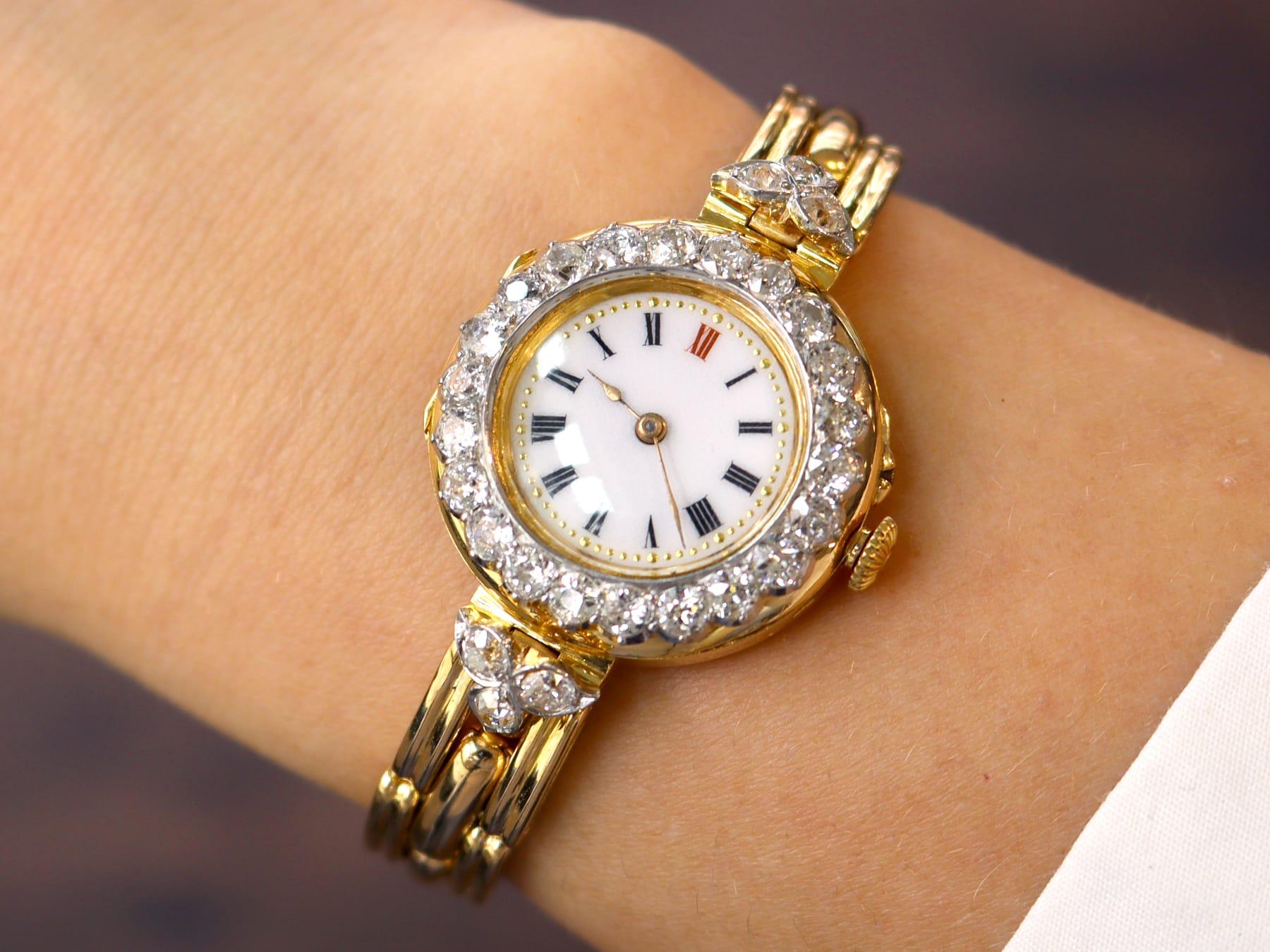 Antique Edwardian 2.75Ct Diamond and 18k Yellow Gold Cocktail Watch 1909 For Sale 15