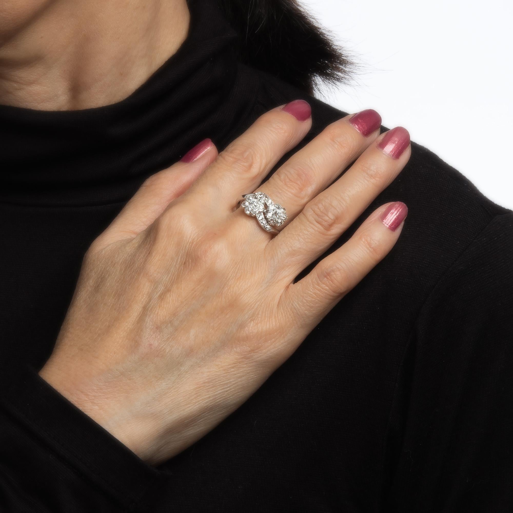 Women's Antique Edwardian 2ct Diamond Cluster Ring Moi et Toi 18k Gold Double Flower