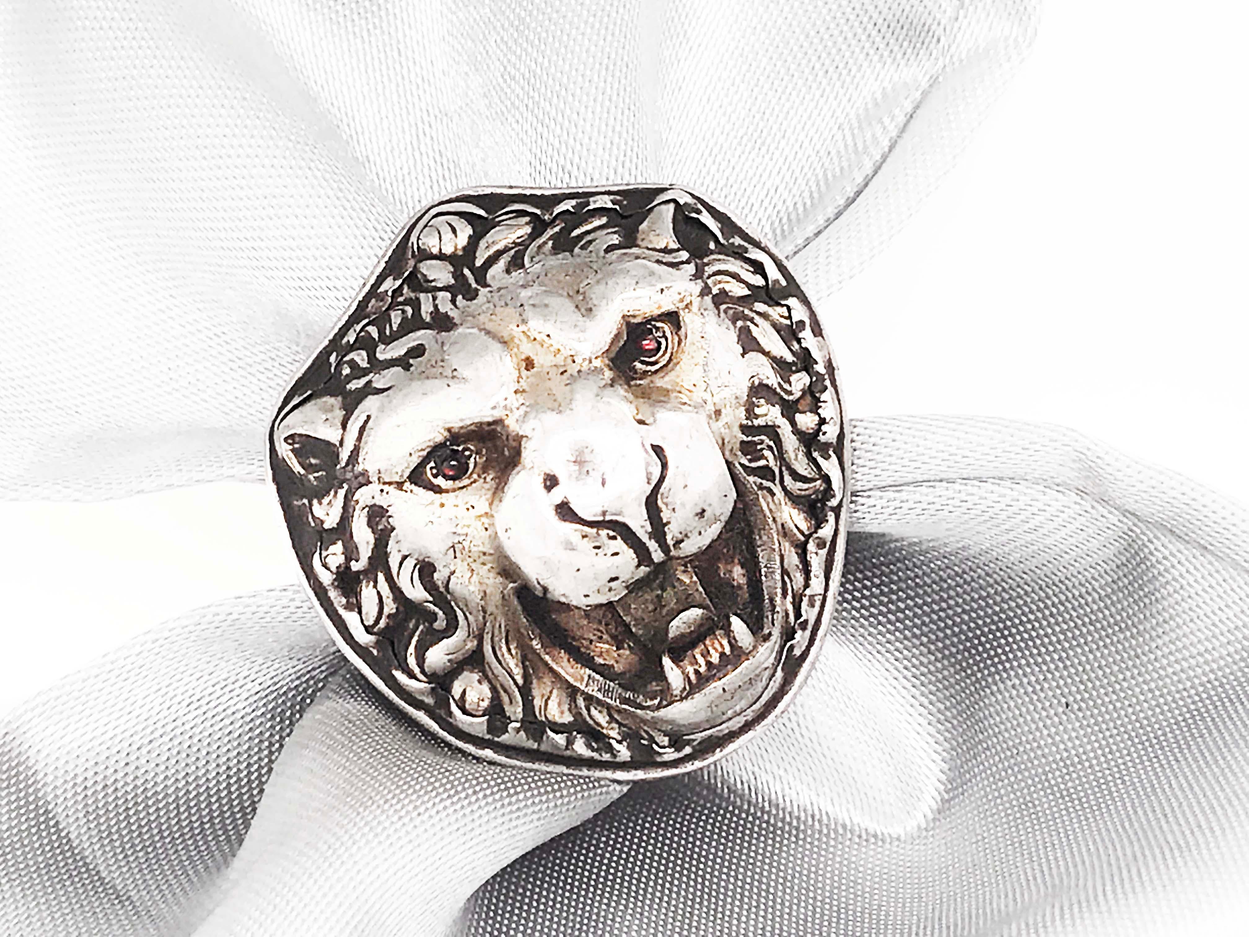 Antique Edwardian 3-D Lion Ring with Ruby Eyes in Sterling Silver 3