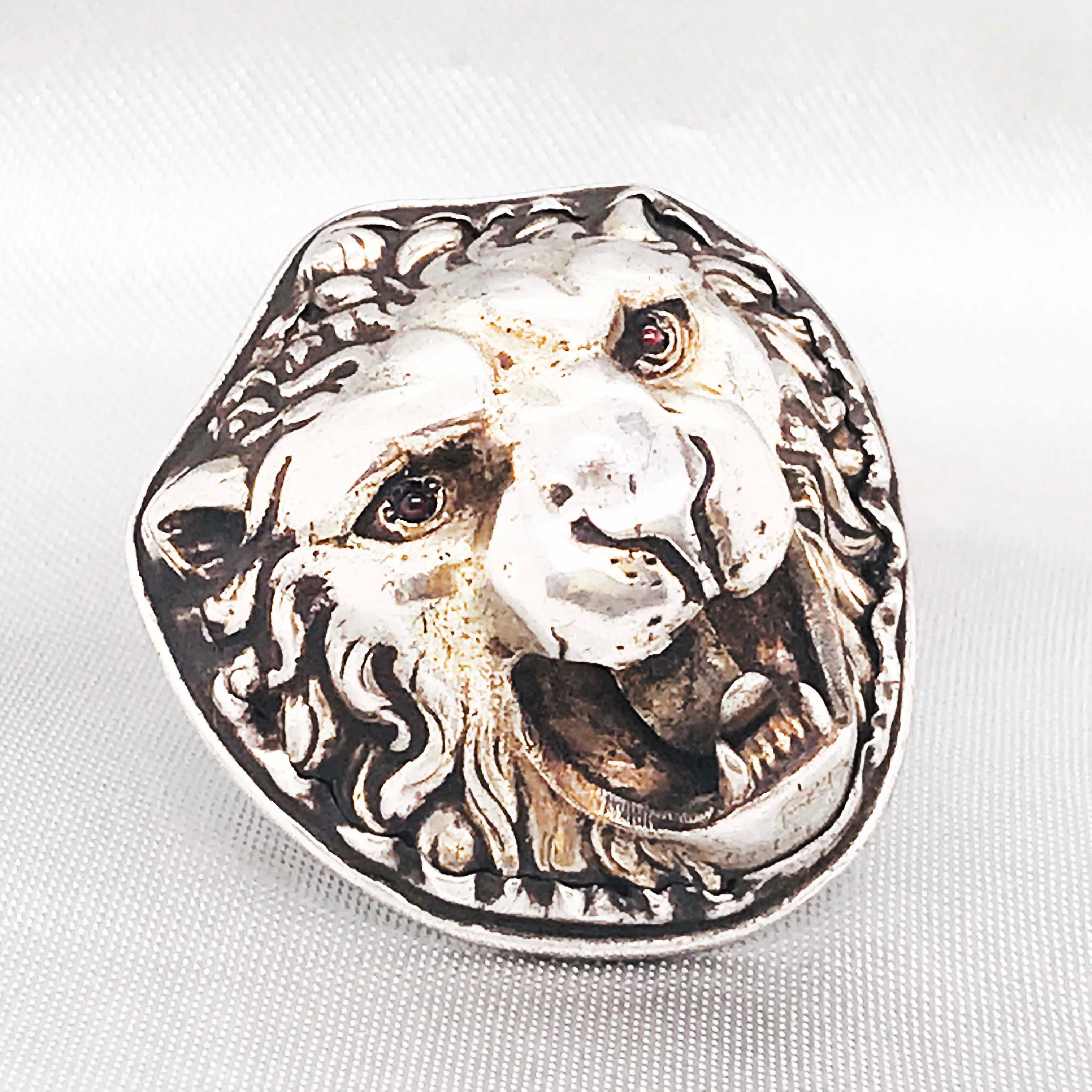 Antique Edwardian 3-D Lion Ring with Ruby Eyes in Sterling Silver 4