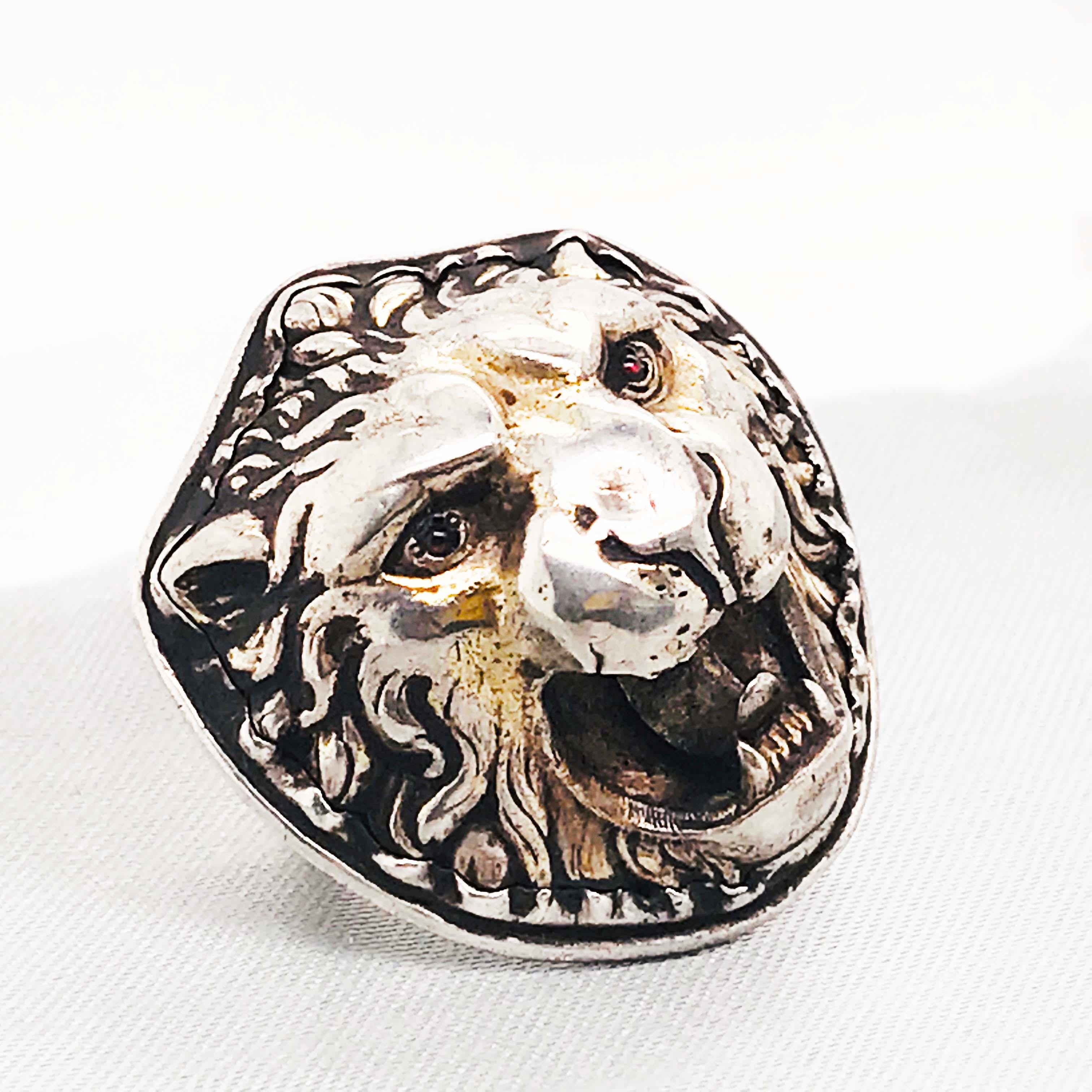Antique Edwardian 3-D Lion Ring with Ruby Eyes in Sterling Silver 5