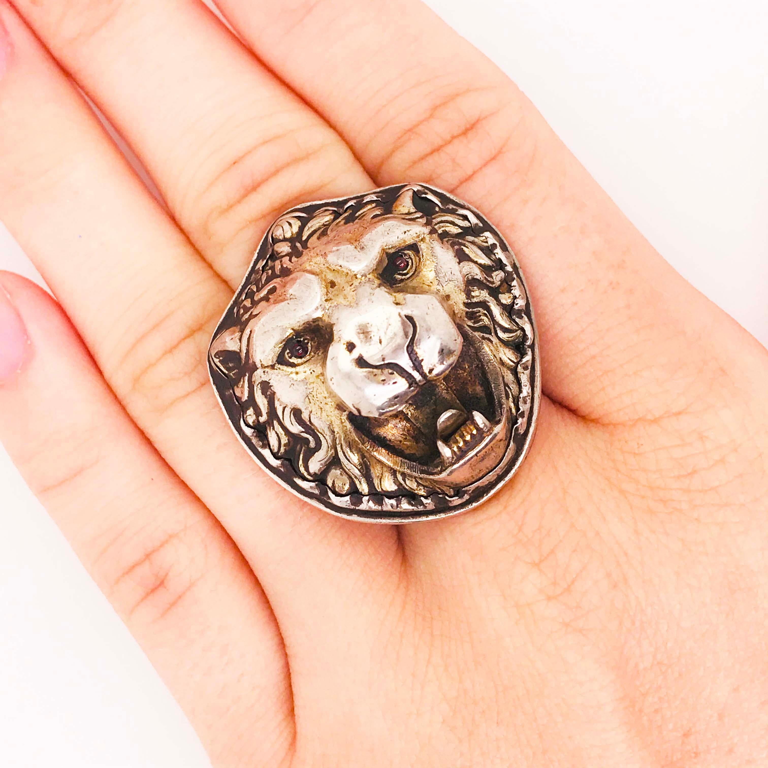 Antique Edwardian 3-D Lion Ring with Ruby Eyes in Sterling Silver 6