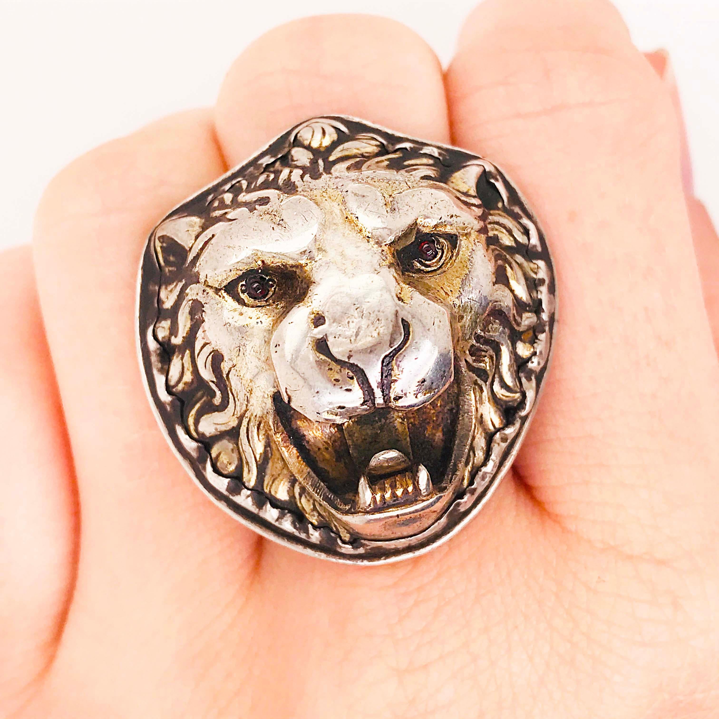 Antique Edwardian 3-D Lion Ring with Ruby Eyes in Sterling Silver 7