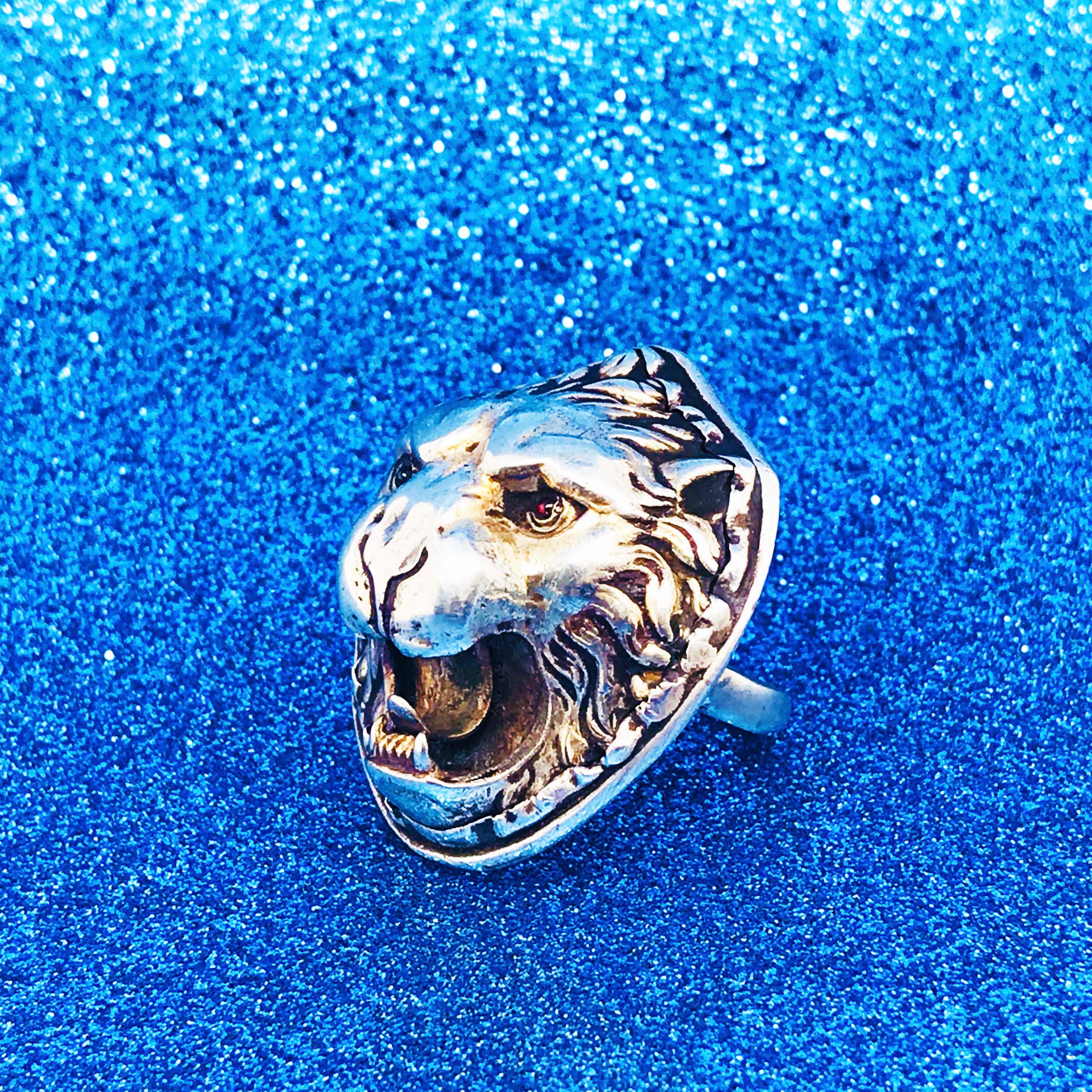 Antique Edwardian 3-D Lion Ring with Ruby Eyes in Sterling Silver 9