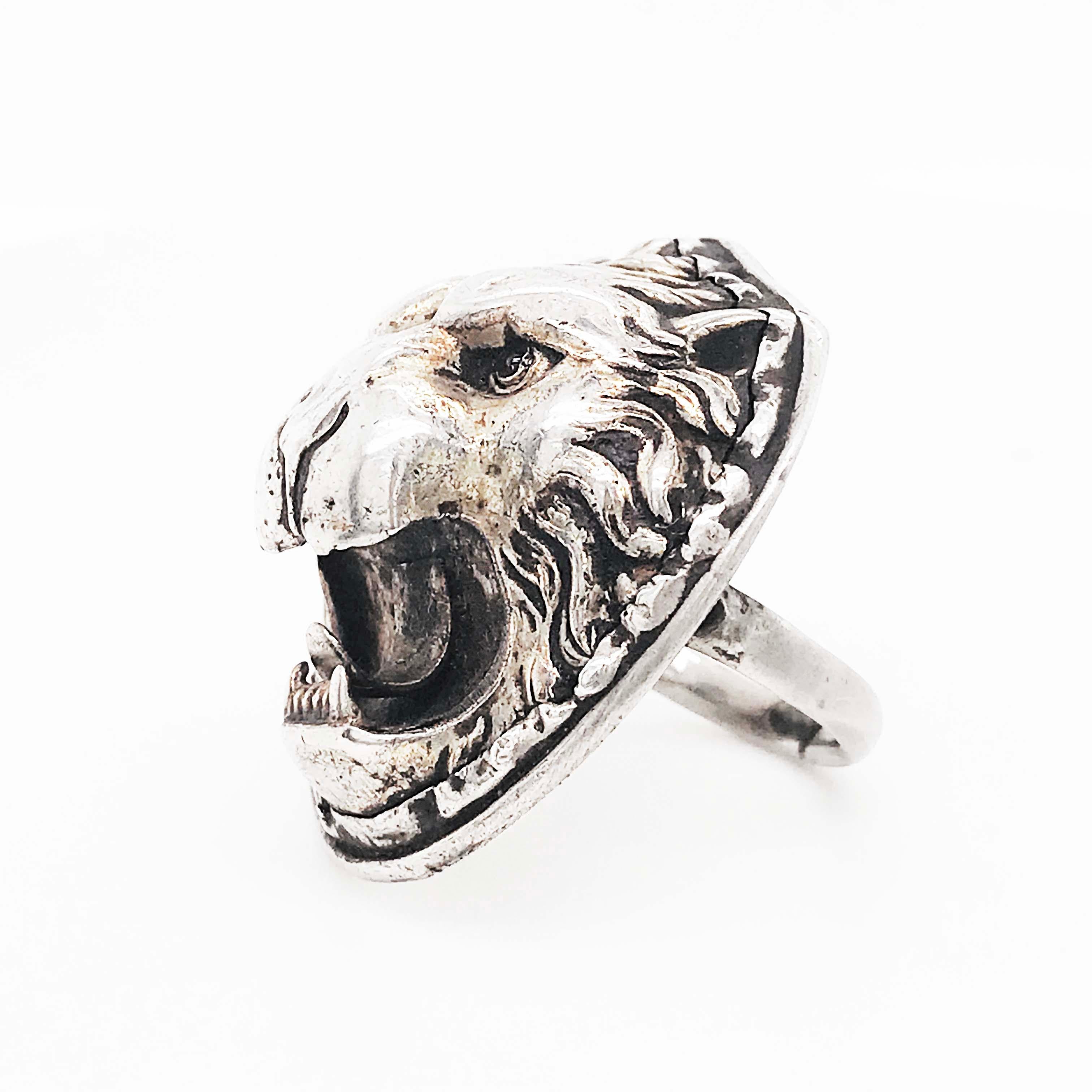 Round Cut Antique Edwardian 3-D Lion Ring with Ruby Eyes in Sterling Silver