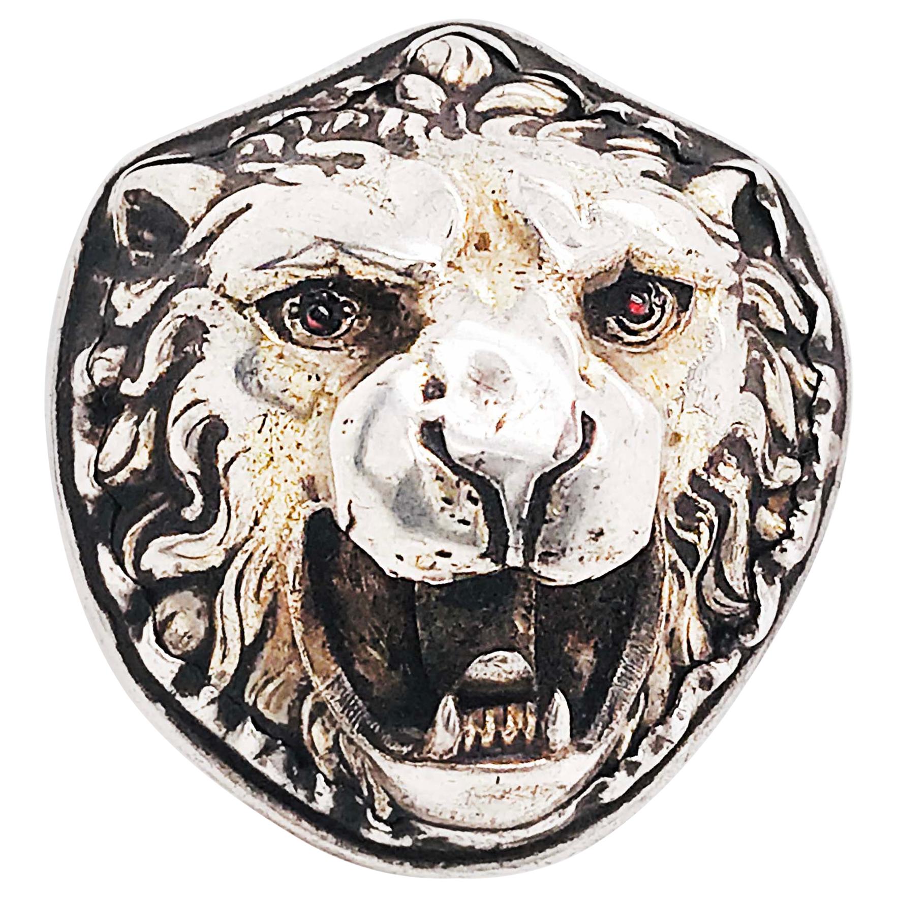 Antique Edwardian 3-D Lion Ring with Ruby Eyes in Sterling Silver