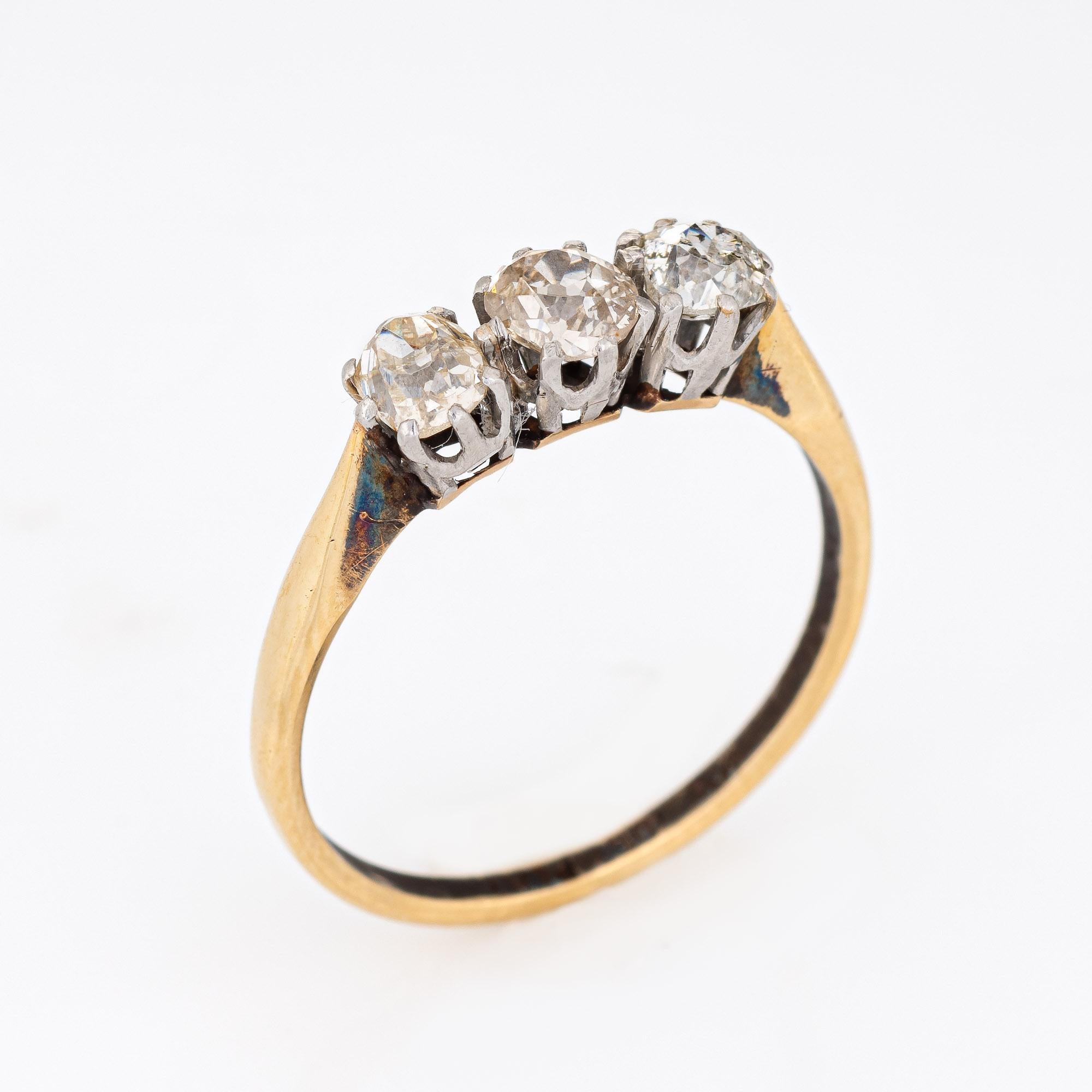 Elegant and finely detailed Edwardian era ring (circa 1900s to 1910s), crafted in 18 karat yellow gold & platinum.  

Three old mine cut diamonds total an estimated 0.25 carats each (0.75 carats total estimated weight). The diamonds are estimated at