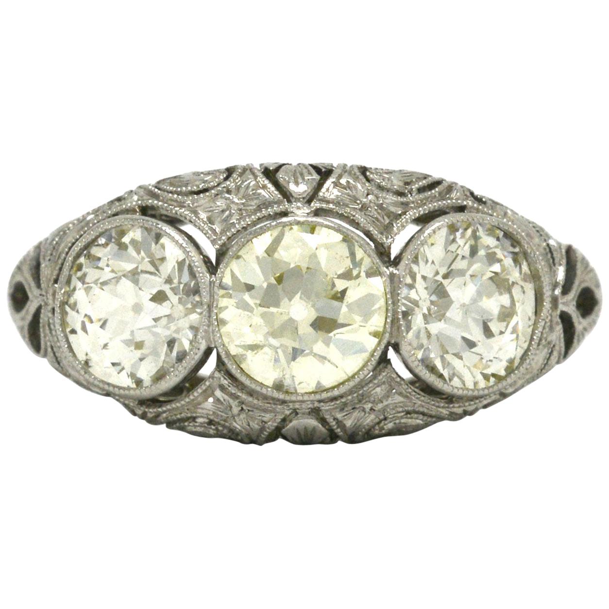 Antique Victorian Edwardian Decorative Filigree Ring 3 Ct Diamond 14K White Gold 