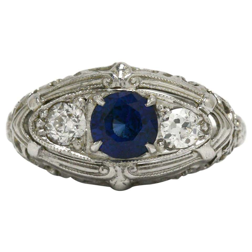Antique Edwardian 3-Stone Sapphire Engagement Ring Diamond Filigree ...