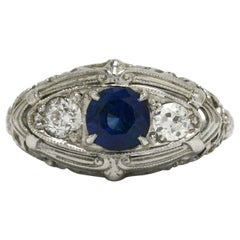 Antique Edwardian 3-Stone Sapphire Engagement Ring Diamond Filigree Trinity