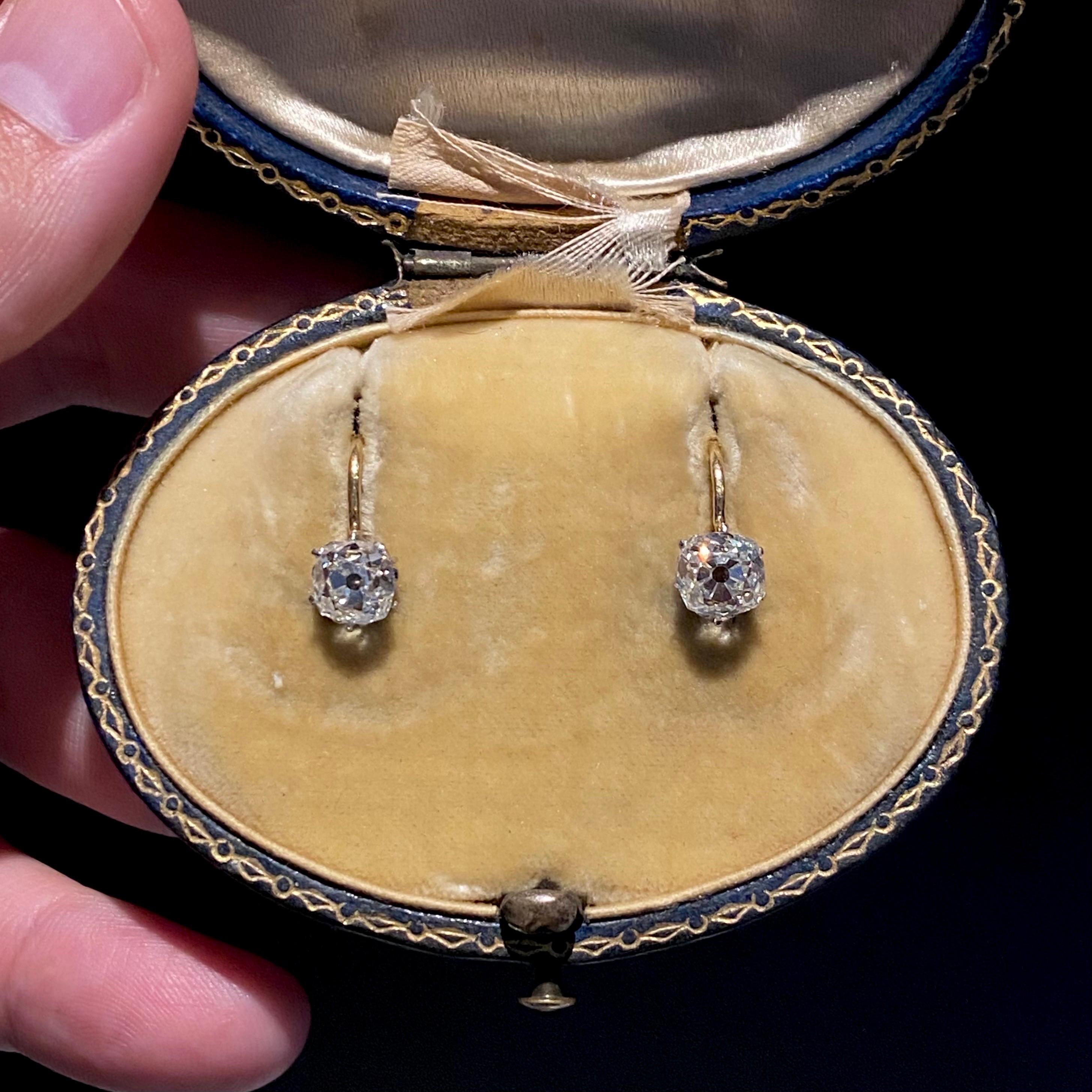 Antique Edwardian 3.4ct Old Mine Diamond Earrings Yellow Gold Portuguese Cased 1