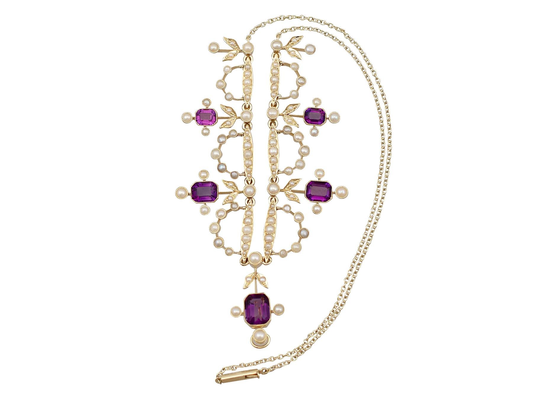 A stunning antique Edwardian 4.47 carat amethyst and Seed Pearl, 15 karat yellow gold necklace; part of our diverse antique jewelry and estate jewelry collections.

This stunning, fine and impressive Edwardian amethyst necklace has been crafted in