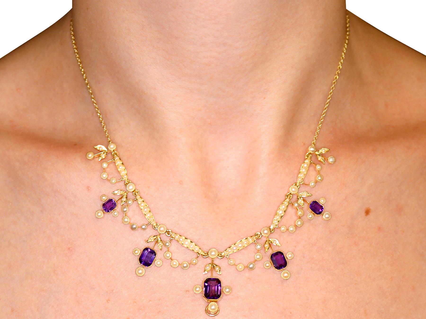 Edwardian 4.47 Carat Amethyst and Seed Pearl Yellow Gold Necklace For Sale 1