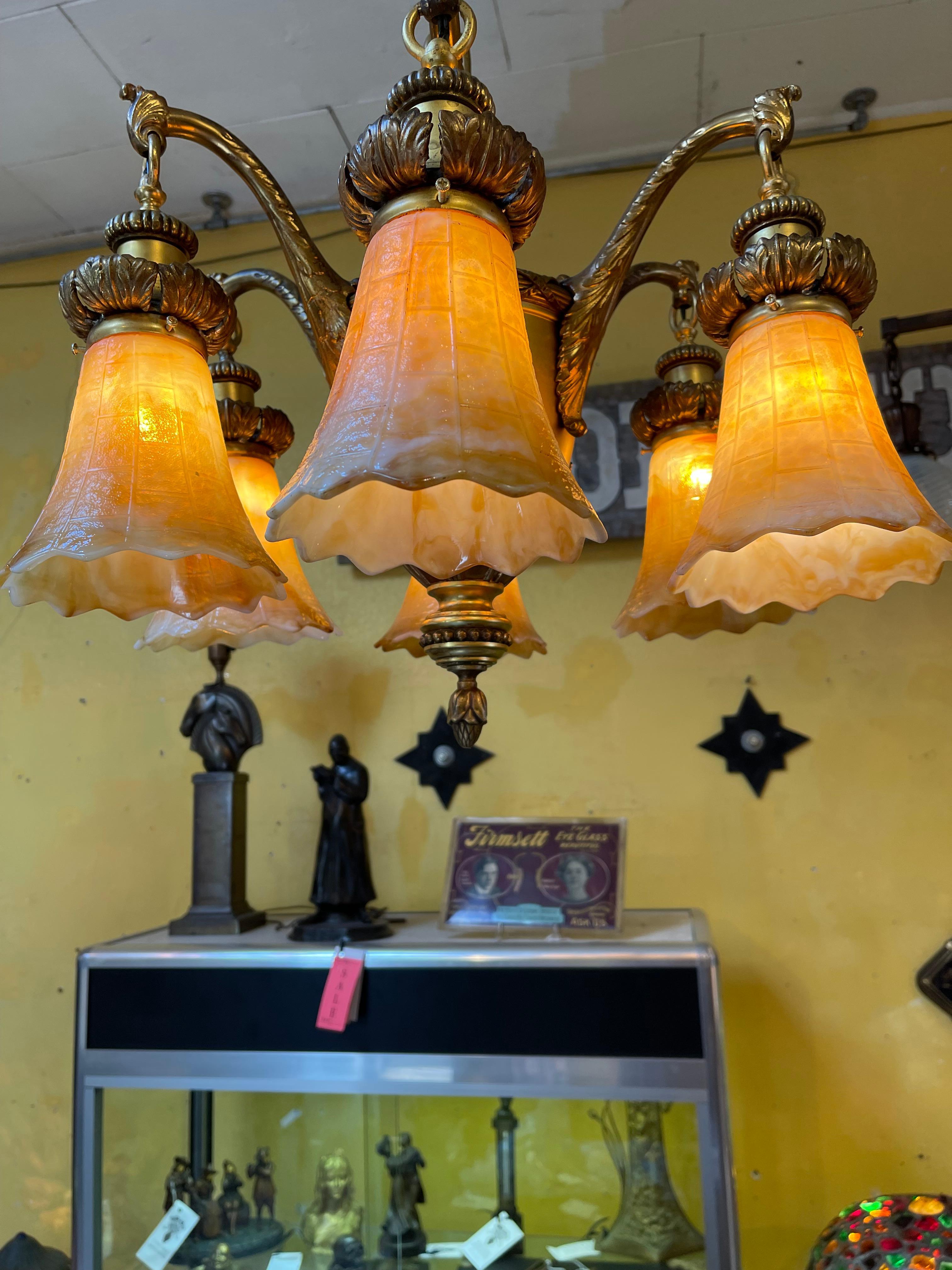 This most handsome chandelier has all the characteristics of a top quality example of Edwardian lighting. Looking at all the detailing on the body, arms, shade holders and even the canopy we see the excellent metal workmanship. Also to note there is