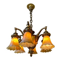 Antiker edwardianischer 6-Arm-Kronleuchter mit Kokomo-Glasschirmen, um 1910