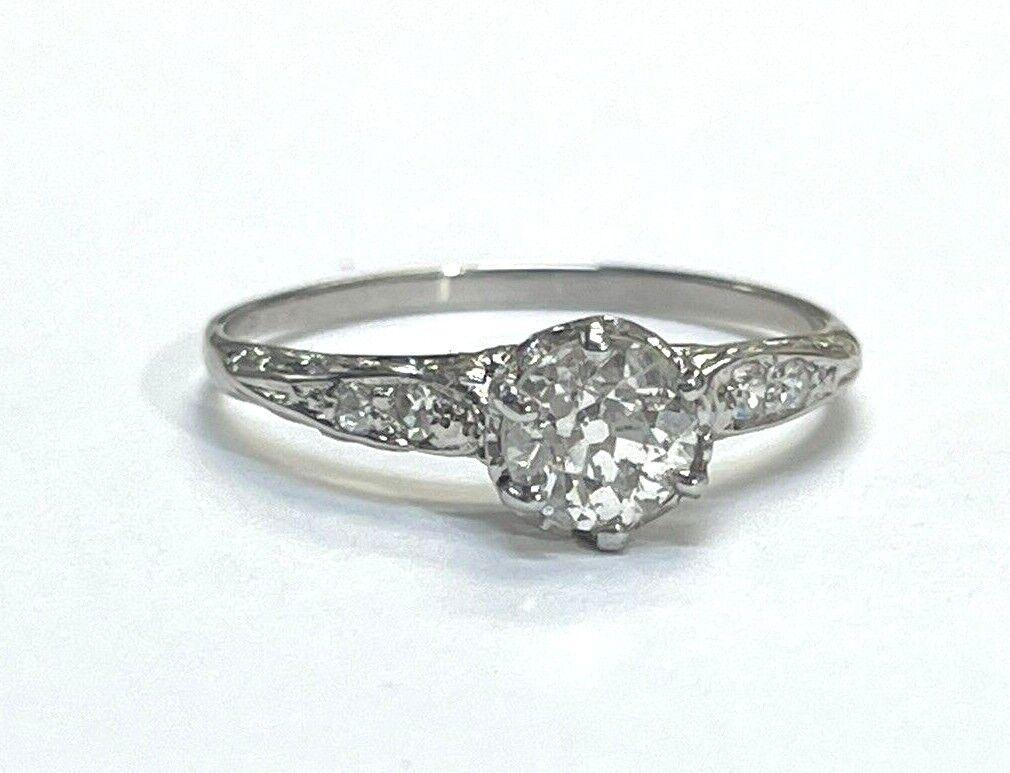 Antique Edwardian .83ct Natural Old Mine Cut Diamond 18K White Gold Ring In Excellent Condition In Addison, TX