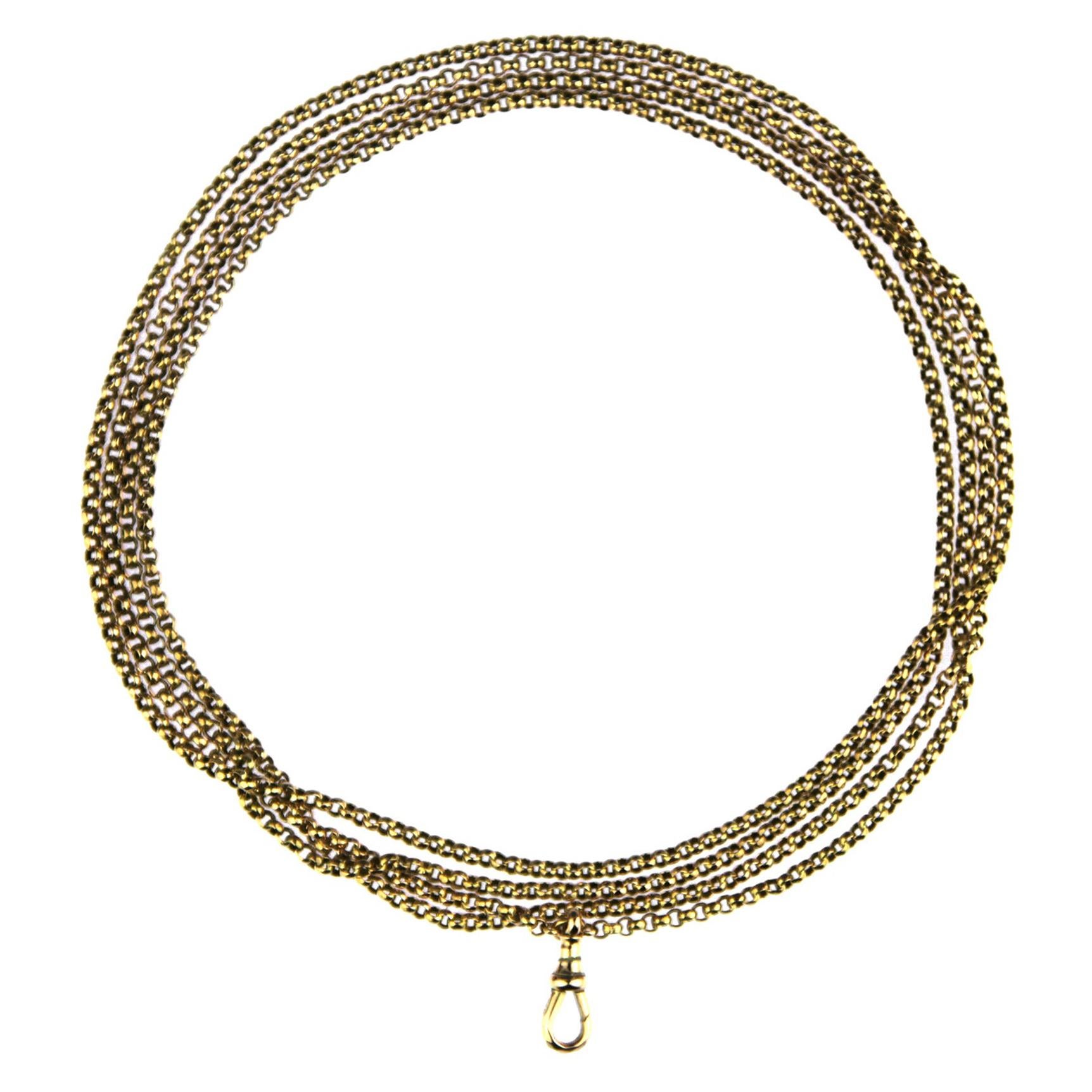 Antique Edwardian 9 Carat Gold Long Guard Chain/ Double/Triple Row Chain For Sale