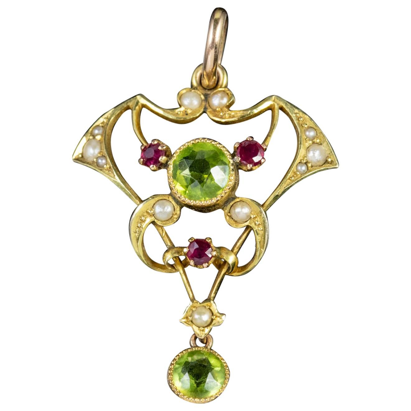 Antique Edwardian 9 Carat Gold Ruby Peridot Pearl Pendant For Sale