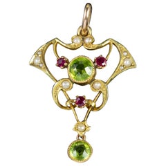 Antique Edwardian 9 Carat Gold Ruby Peridot Pearl Pendant