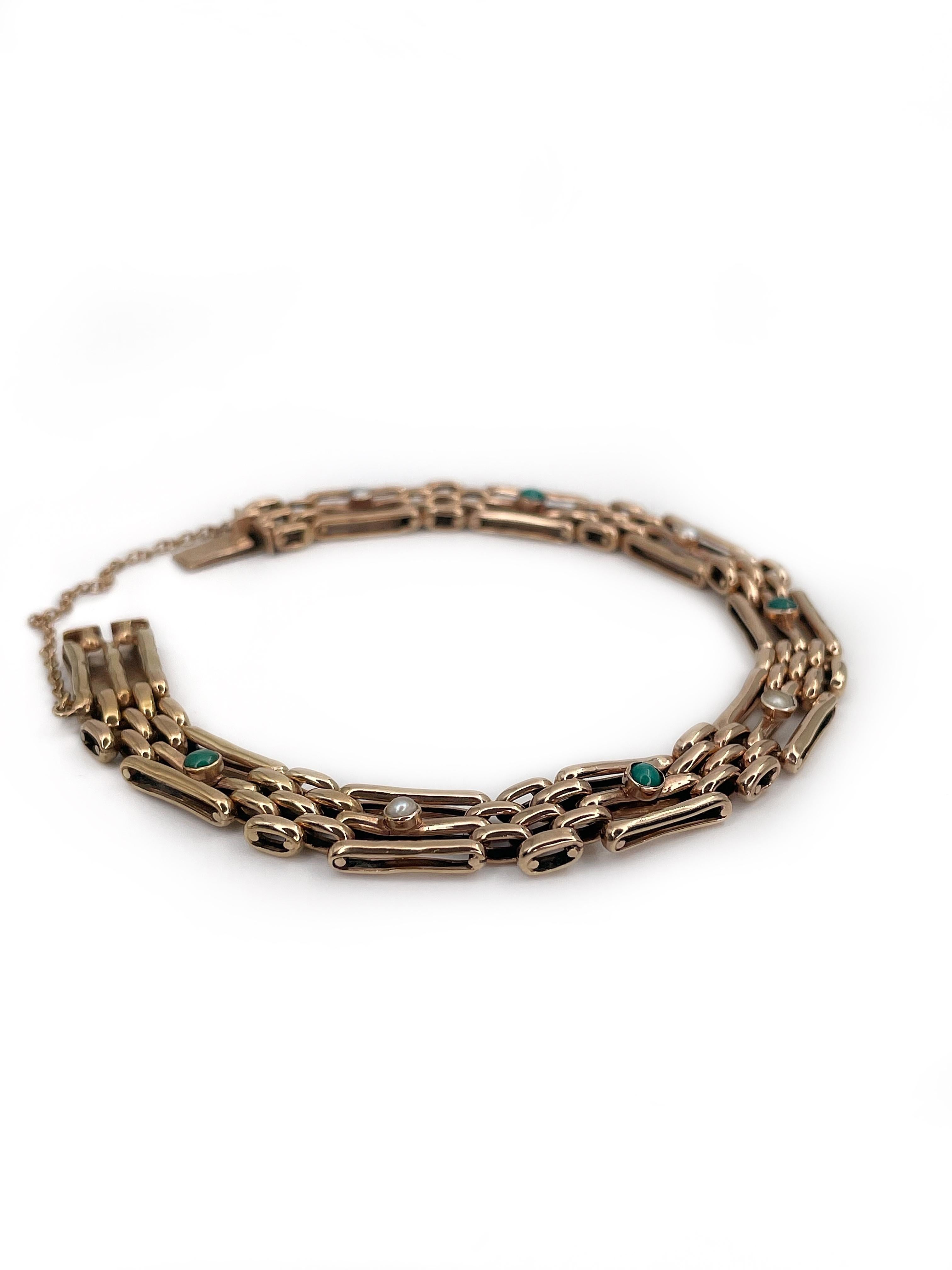 This is a stunning gate bracelet crafted in 9K rosy yellow gold. The piece features 4 turquoises and 4 seed pearls. 

The bracelet is very comfortable to wear. It also has a safety chain.

Weight: 12.14g
Length: 19.5cm
Width: 0.8cm