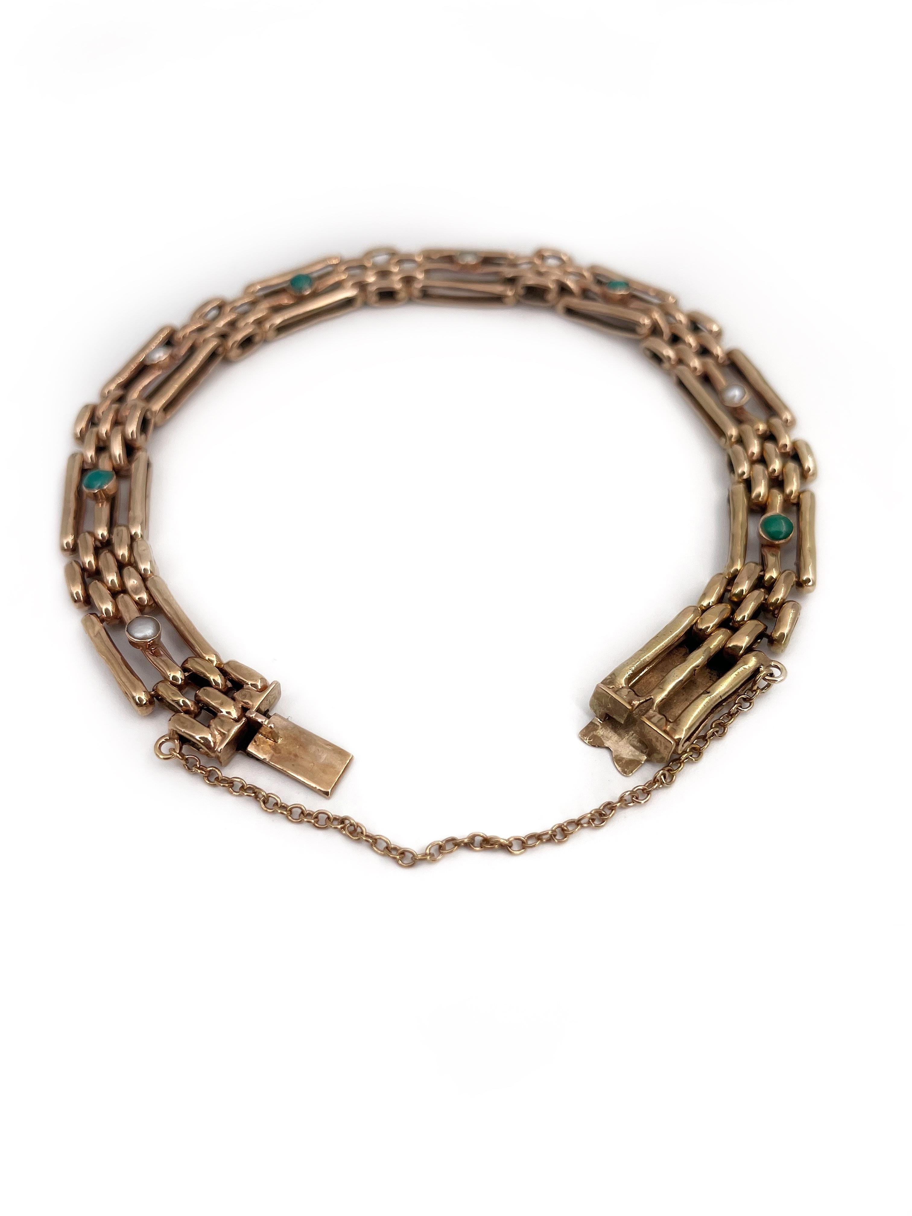 Cabochon Antique Edwardian 9 Karat Gold Turquoise Pearl Gate Bracelet