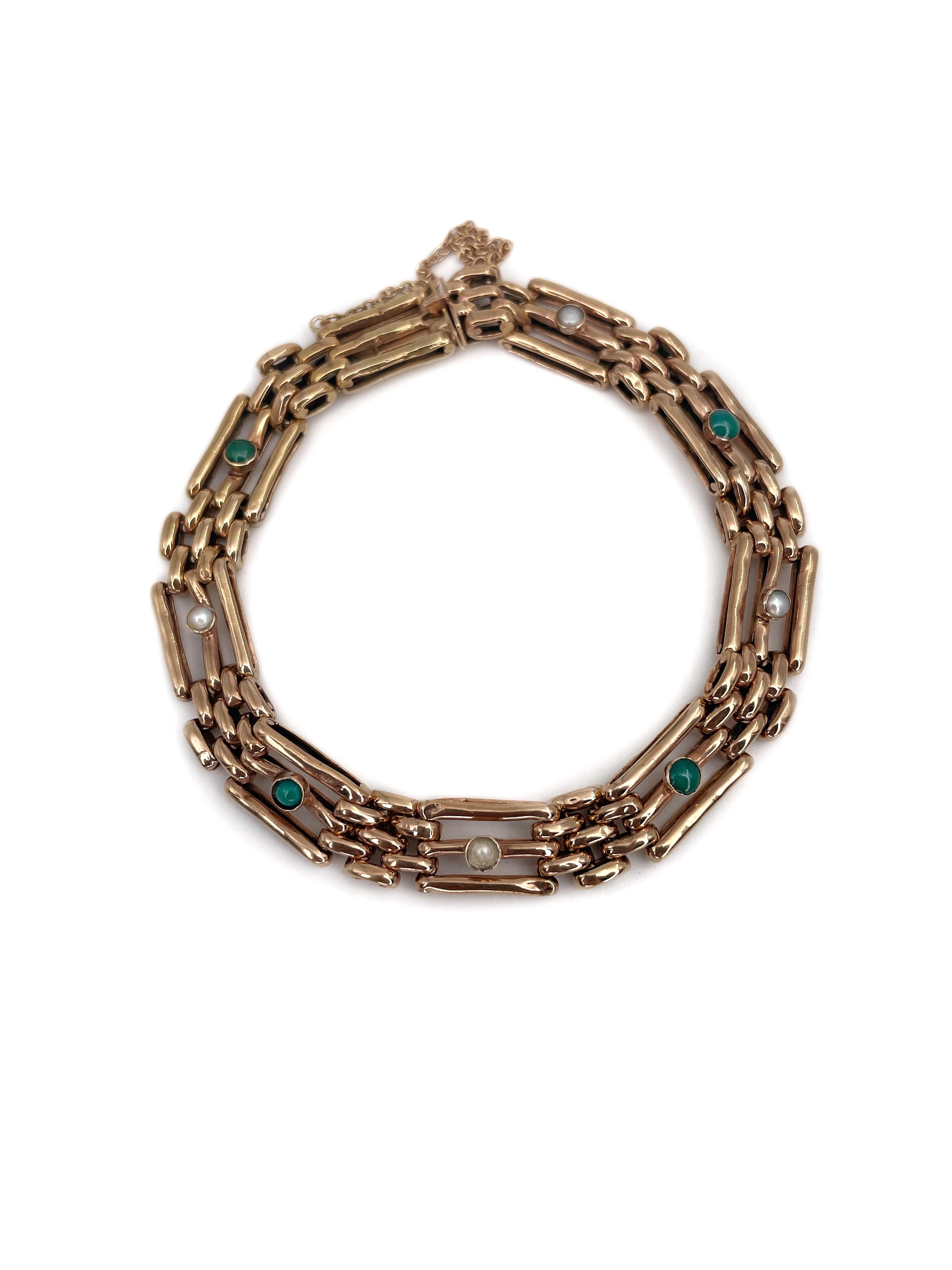 Antique Edwardian 9 Karat Gold Turquoise Pearl Gate Bracelet 2