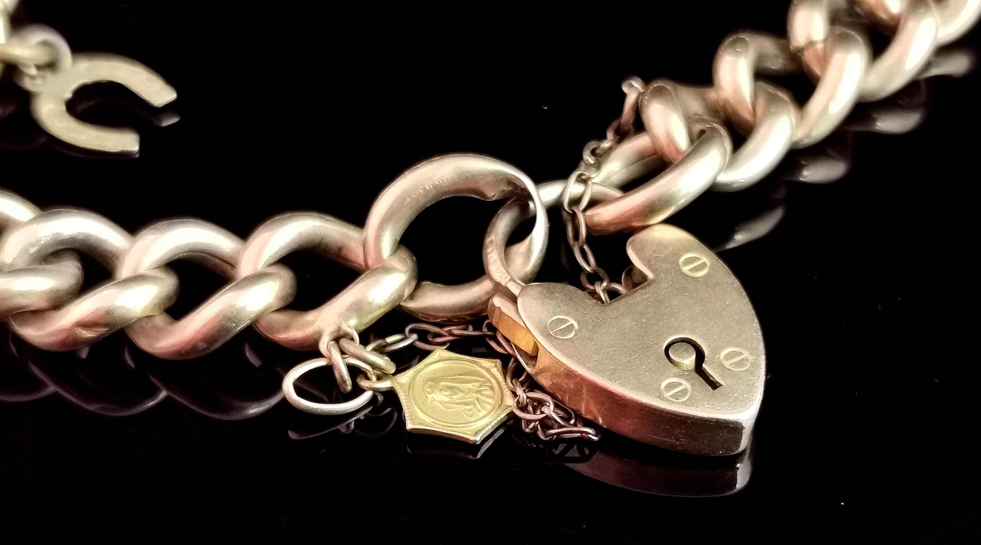 Antique Edwardian 9 Karat Yellow Gold Curb Link Bracelet, Charms 5