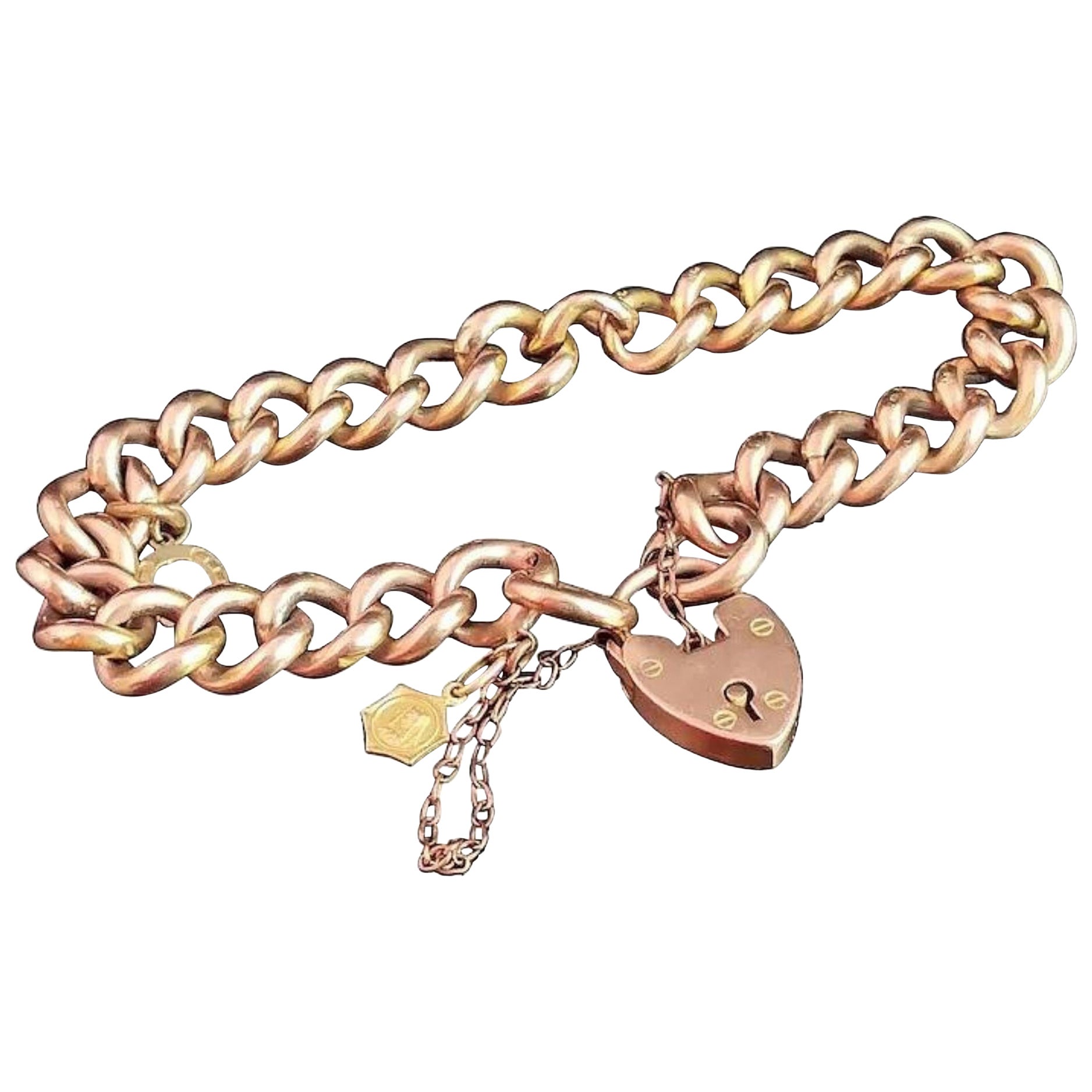 Antique Edwardian 9 Karat Yellow Gold Curb Link Bracelet, Charms