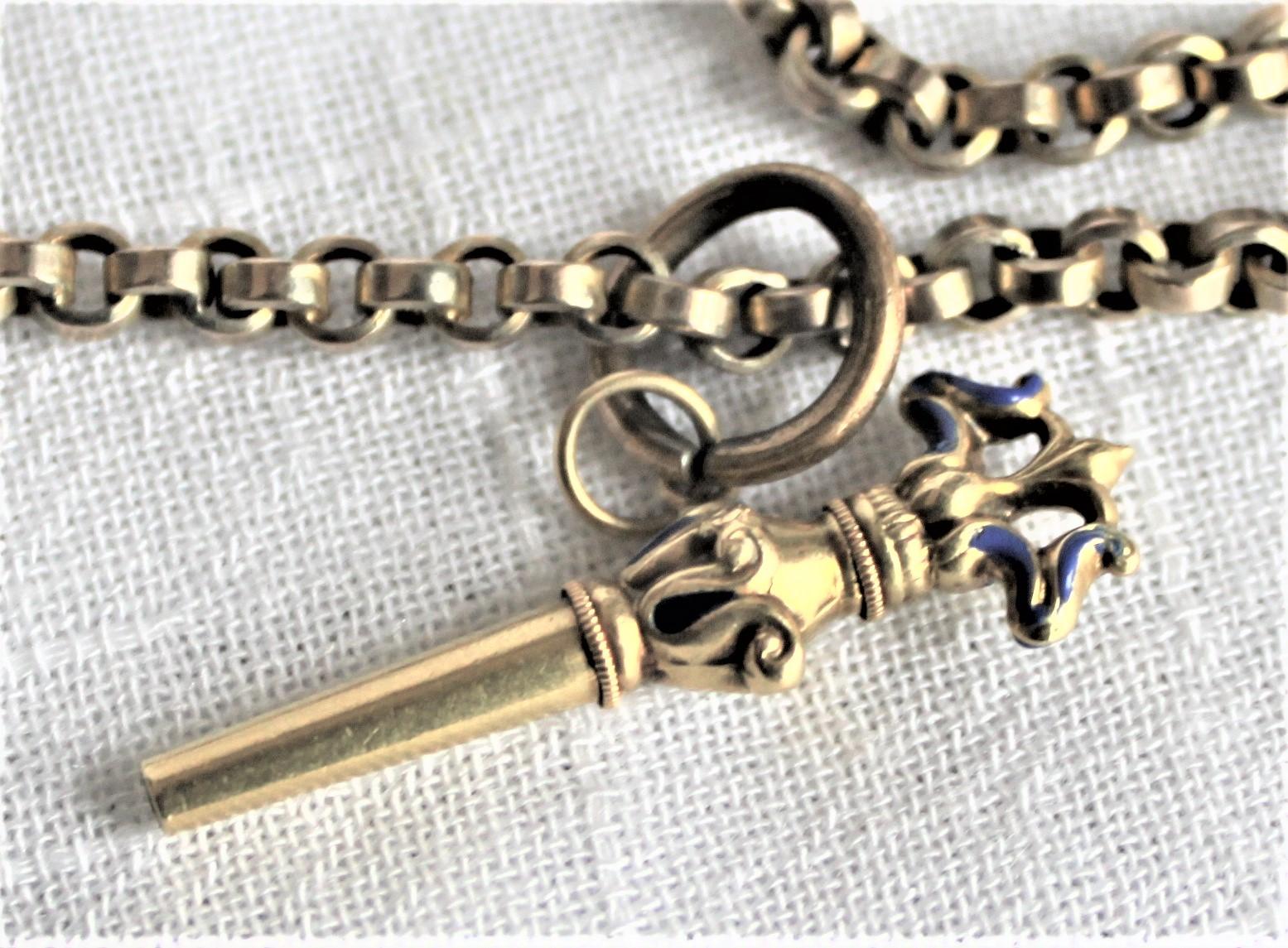Antique Edwardian 9-Karat Yellow Gold Slide Watch Chain Necklace & Key For Sale 4