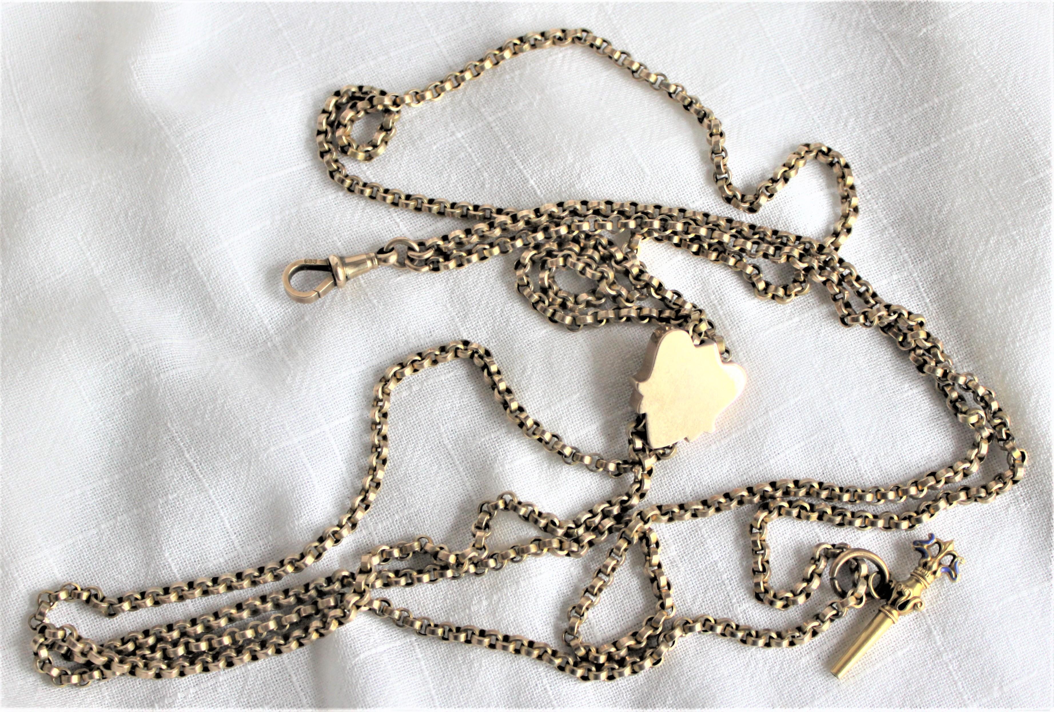 19th Century Antique Edwardian 9-Karat Yellow Gold Slide Watch Chain Necklace & Key For Sale